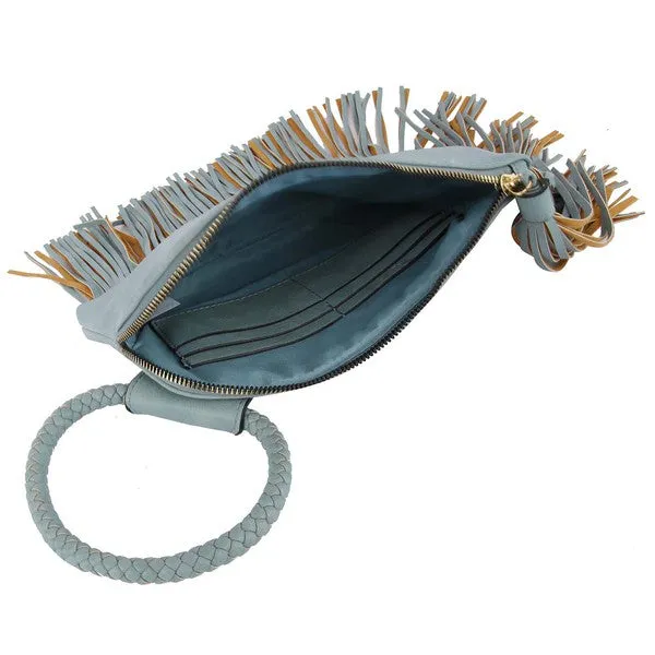 Fringe Cut Tassel Clutch Wristlet In Sage