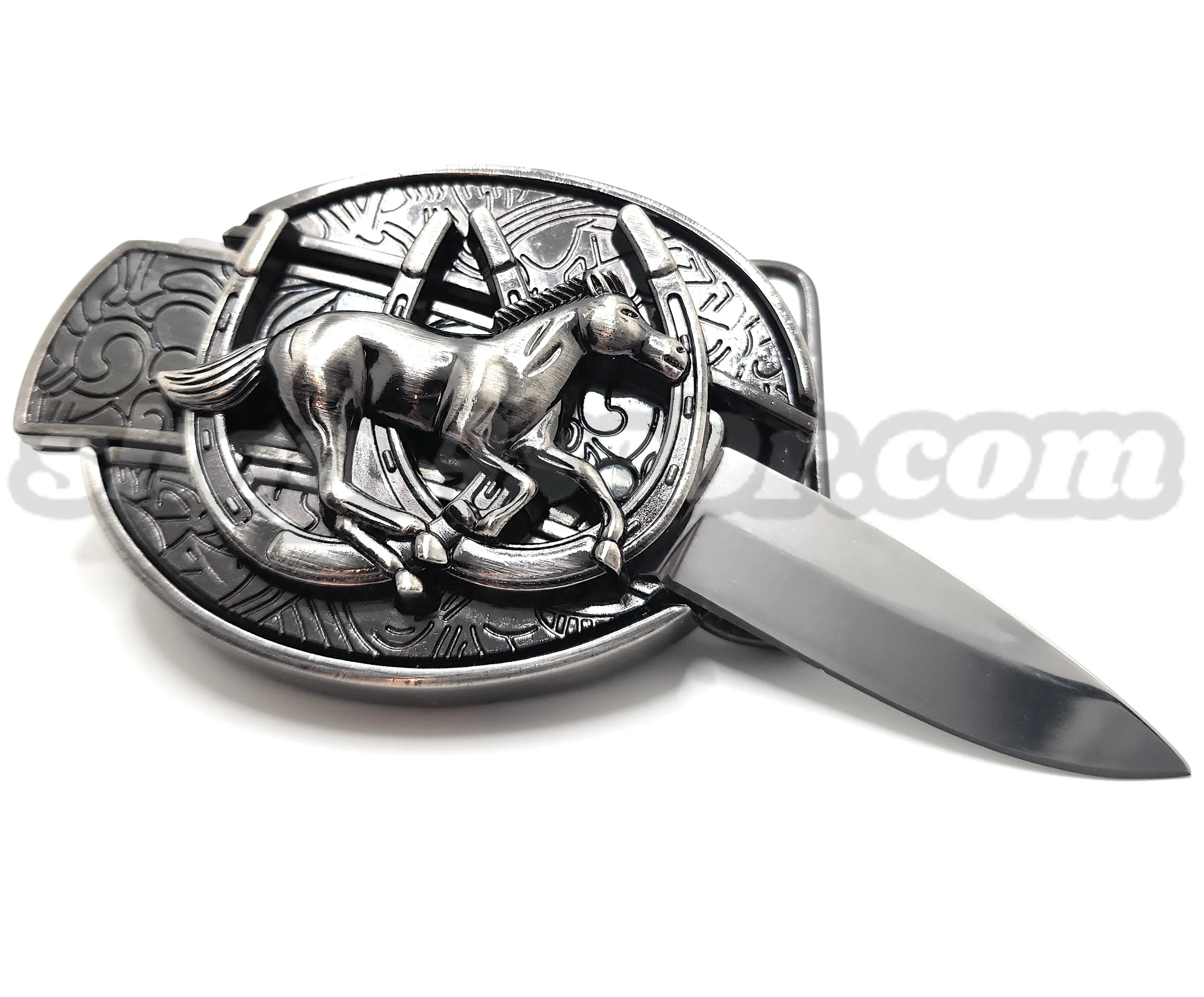 Galloping Horse and Horseshoes Folding Knife Belt Buckle Western