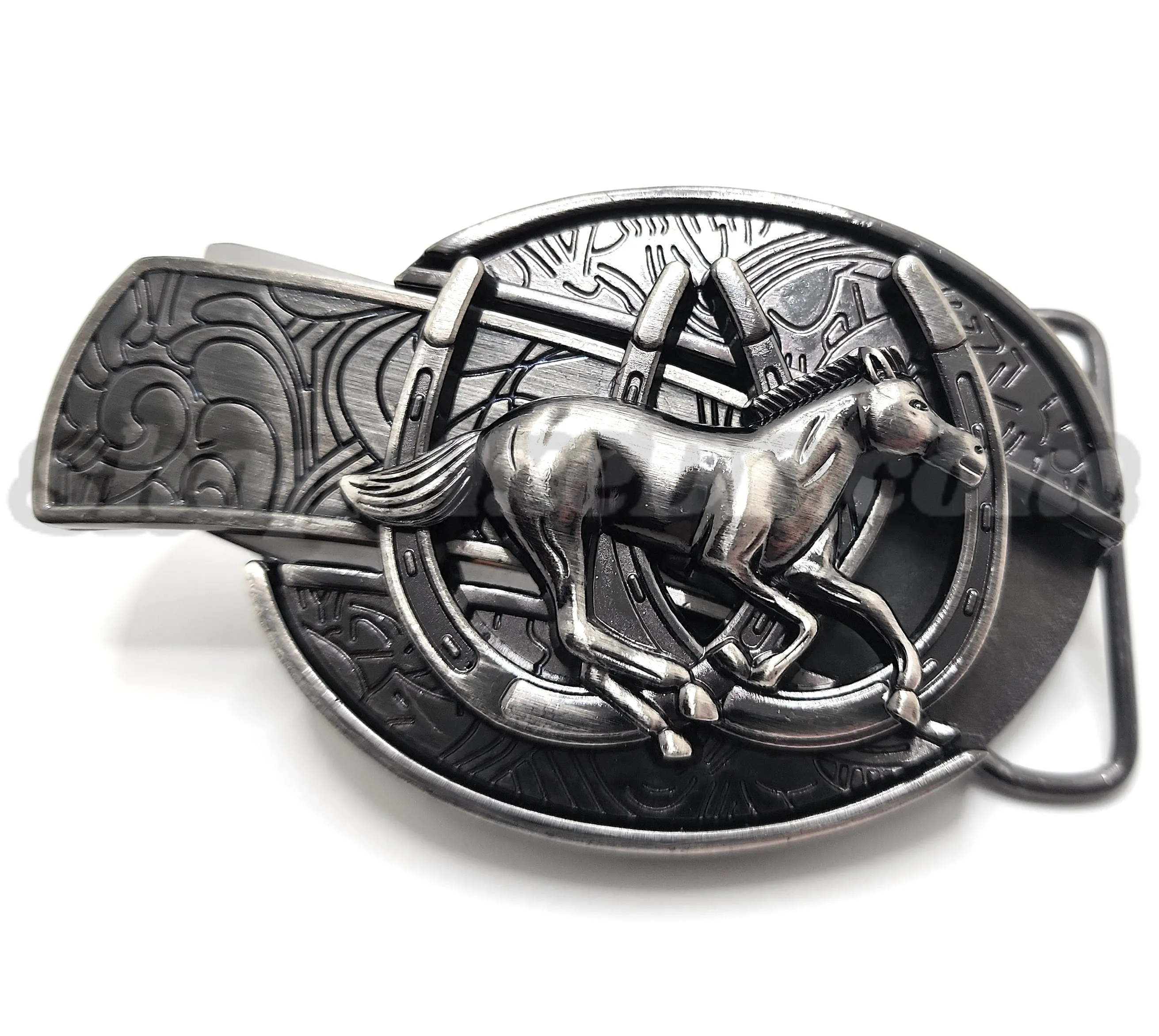 Galloping Horse and Horseshoes Folding Knife Belt Buckle Western