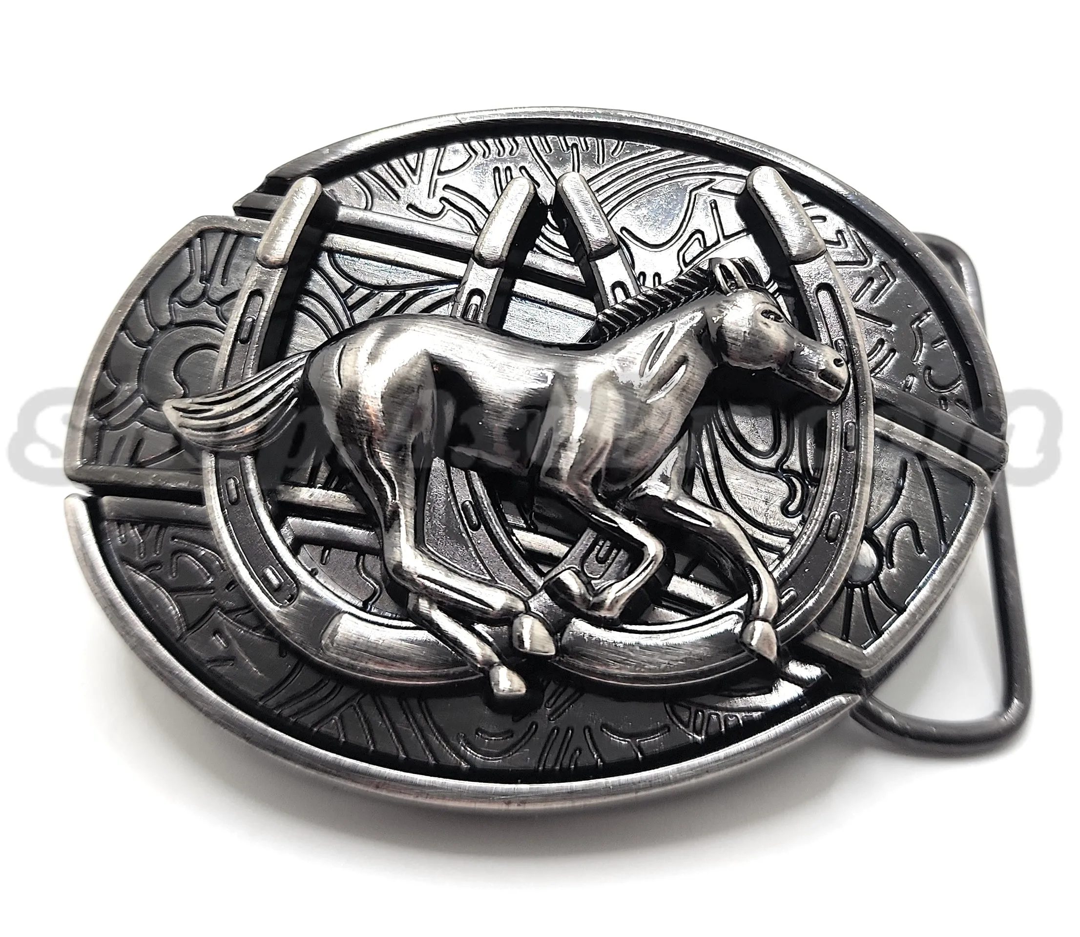 Galloping Horse and Horseshoes Folding Knife Belt Buckle Western