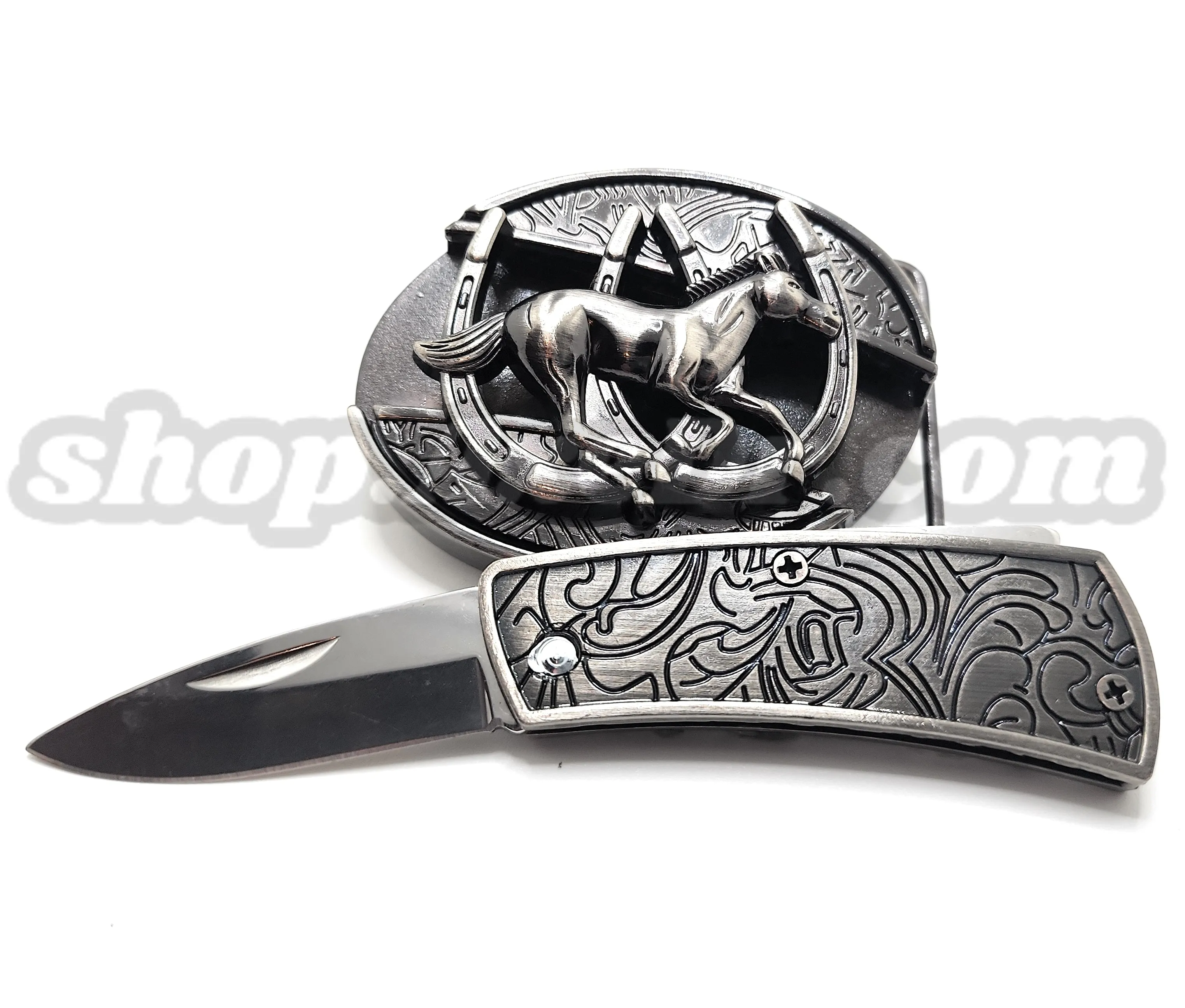 Galloping Horse and Horseshoes Folding Knife Belt Buckle Western