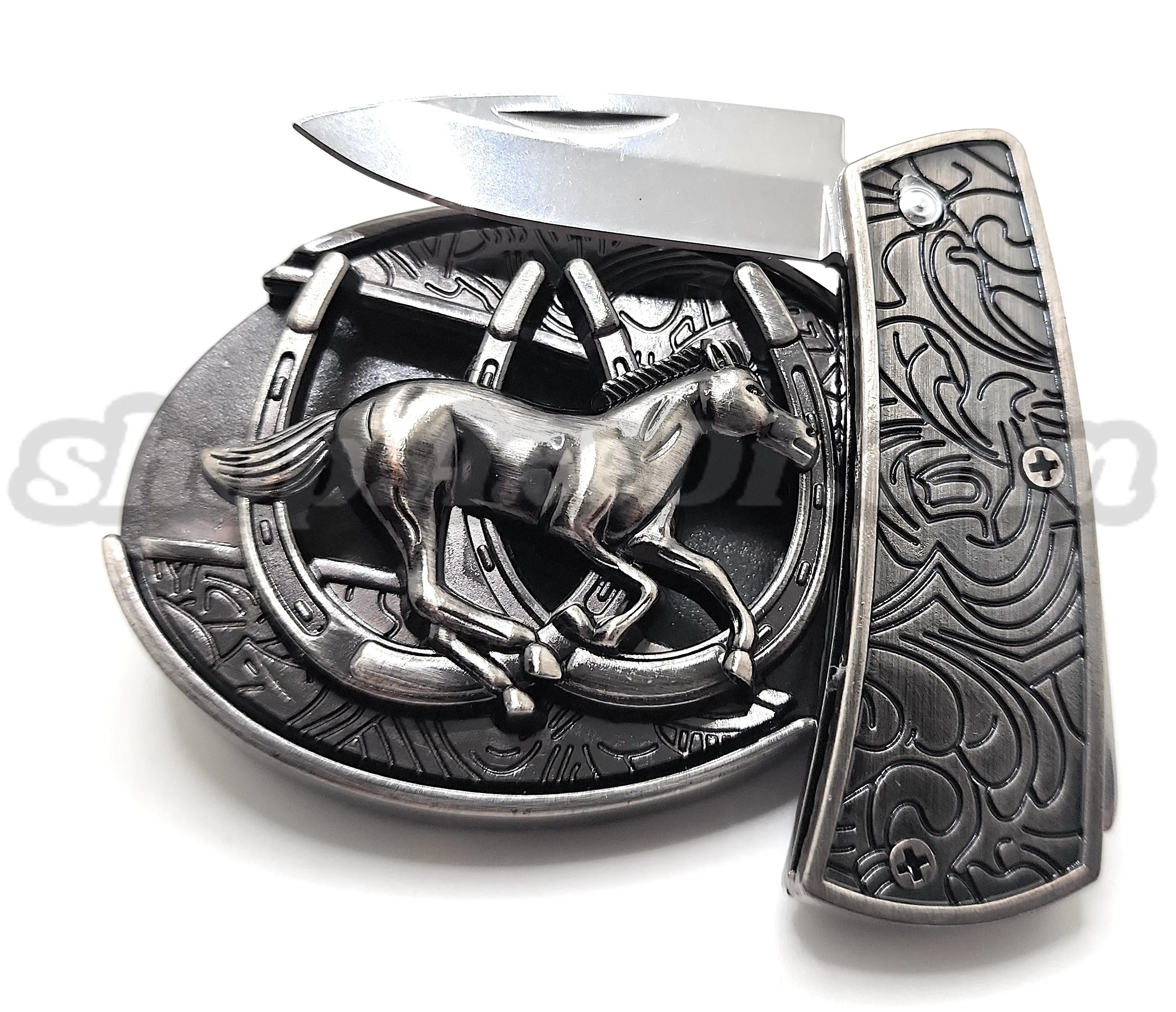Galloping Horse and Horseshoes Folding Knife Belt Buckle Western