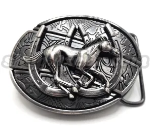 Galloping Horse and Horseshoes Folding Knife Belt Buckle Western