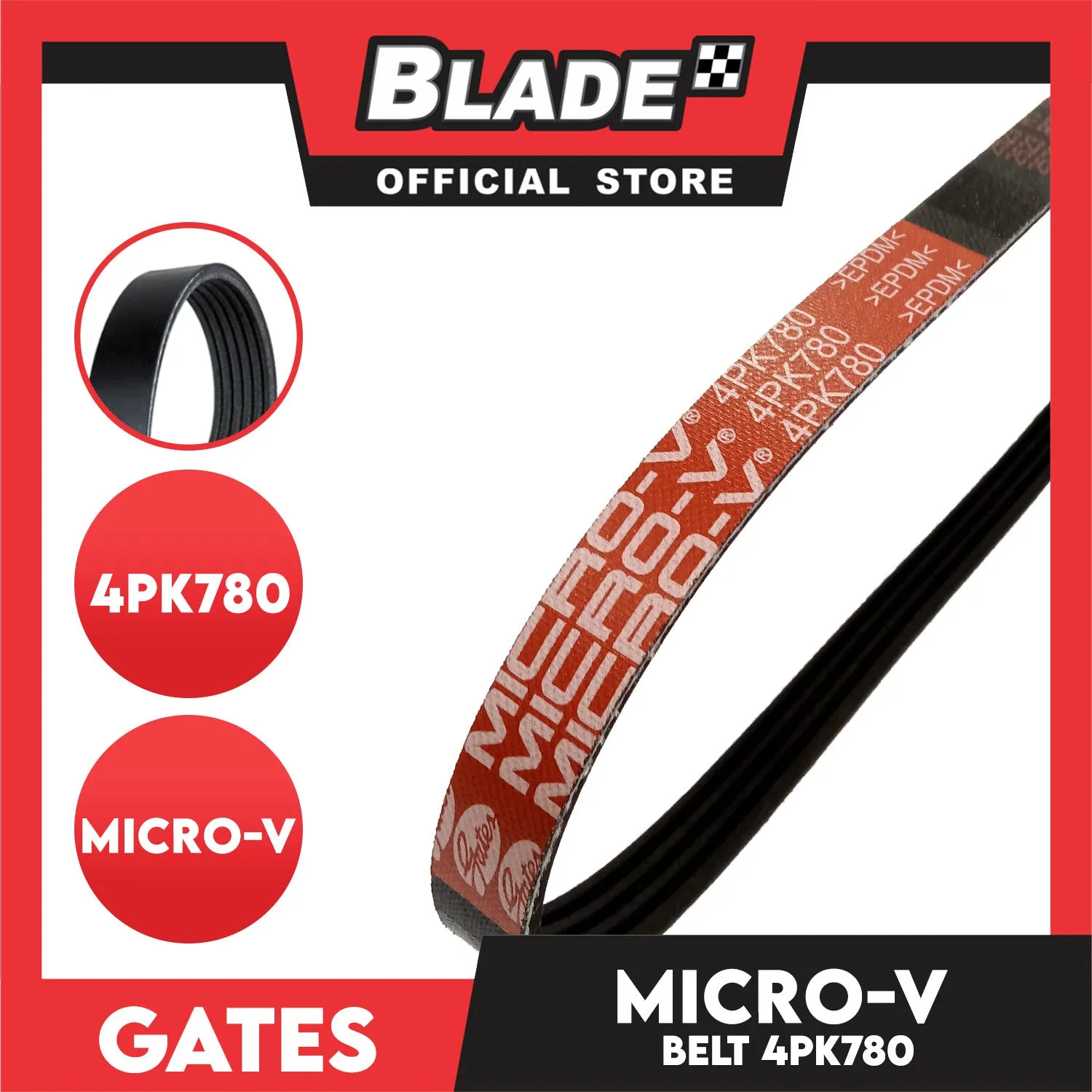 Gates Automotive Micro-V Fan Belt 4PK780 For Honda, Kia, Mazda, Mitsubishi and Toyota