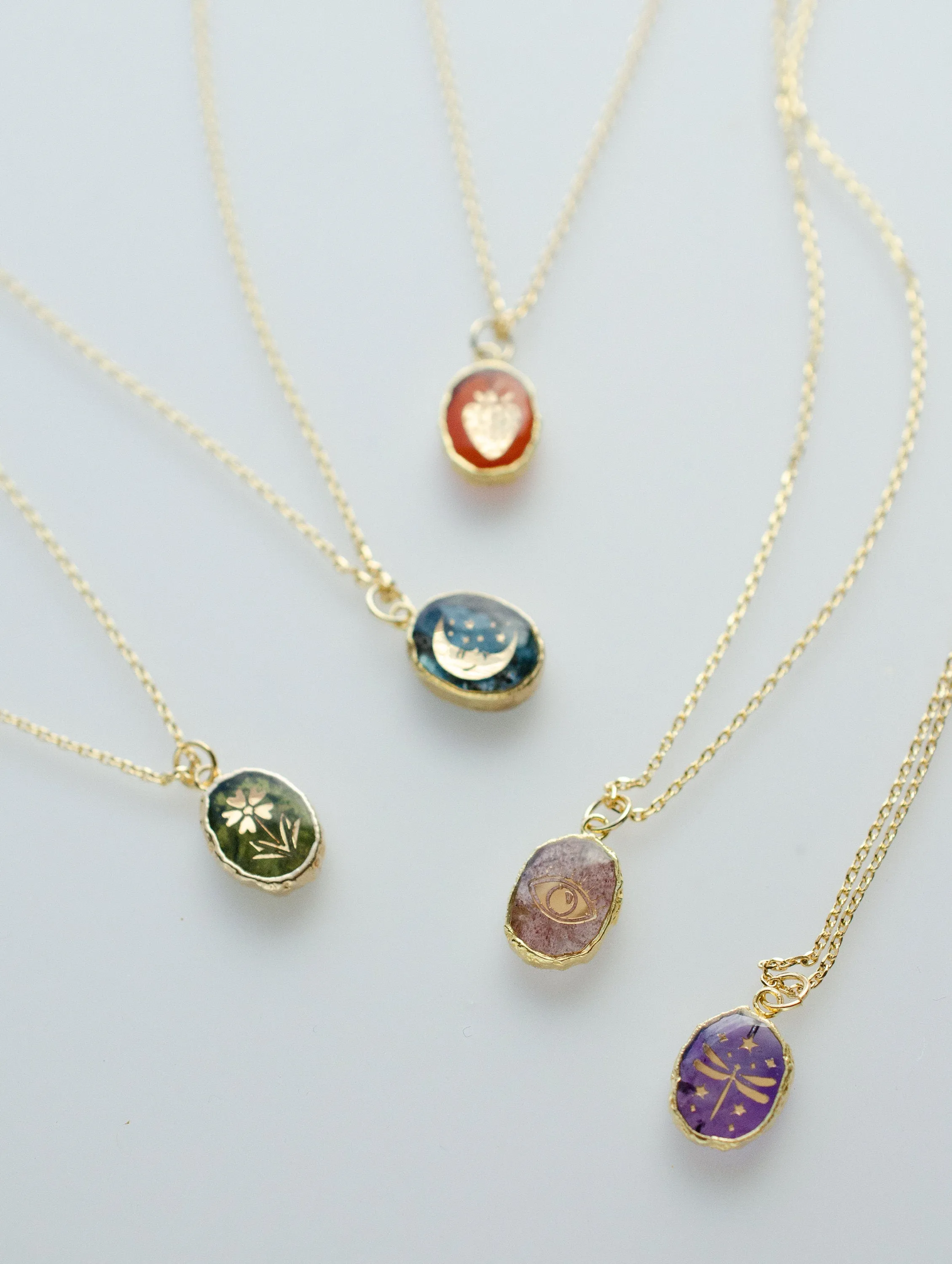 Gemstone Birthstone Necklace, dove necklace, strawberry necklace, celestial necklace, flower necklace, dragonfly necklace, evil eye necklace