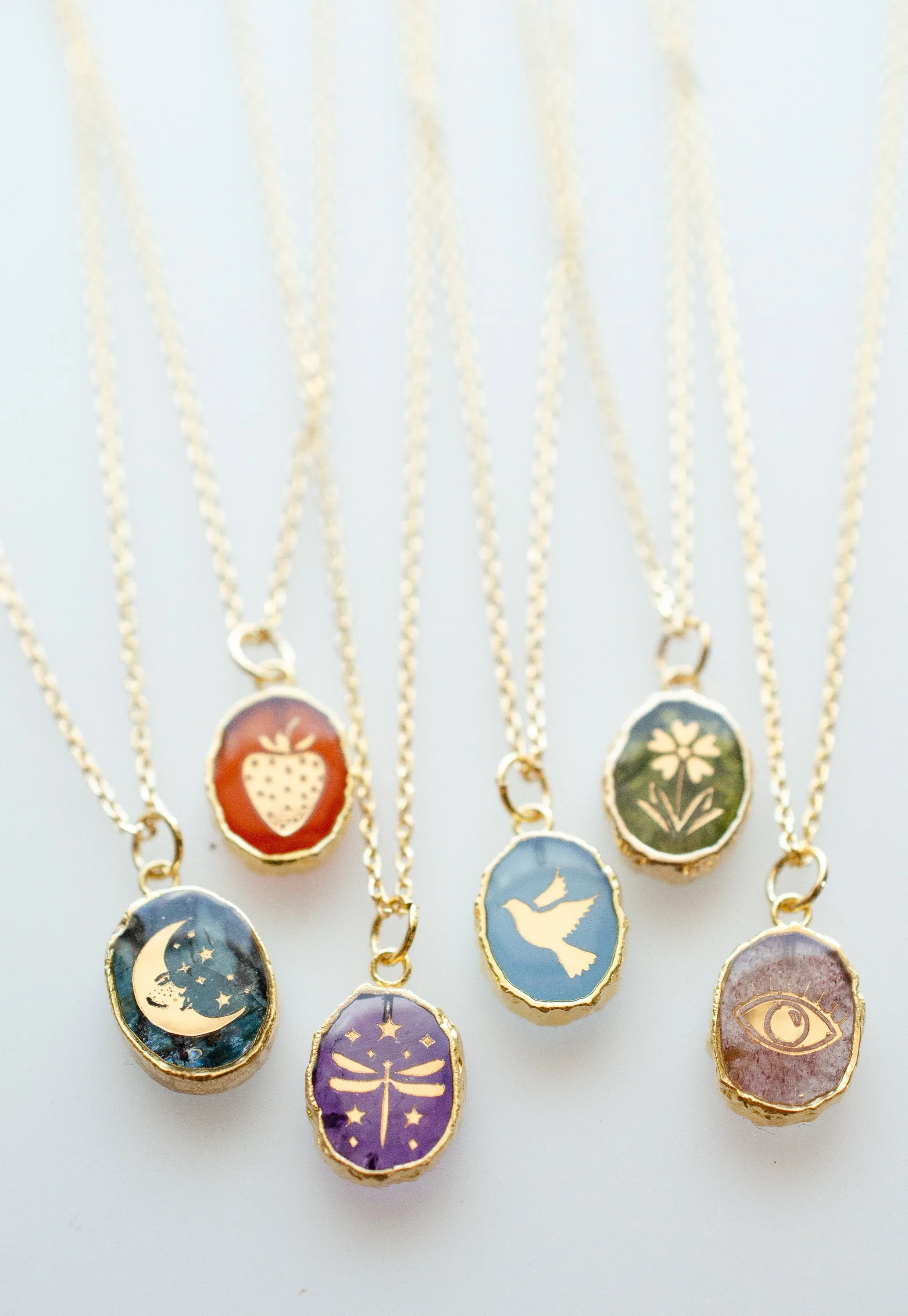 Gemstone Birthstone Necklace, dove necklace, strawberry necklace, celestial necklace, flower necklace, dragonfly necklace, evil eye necklace