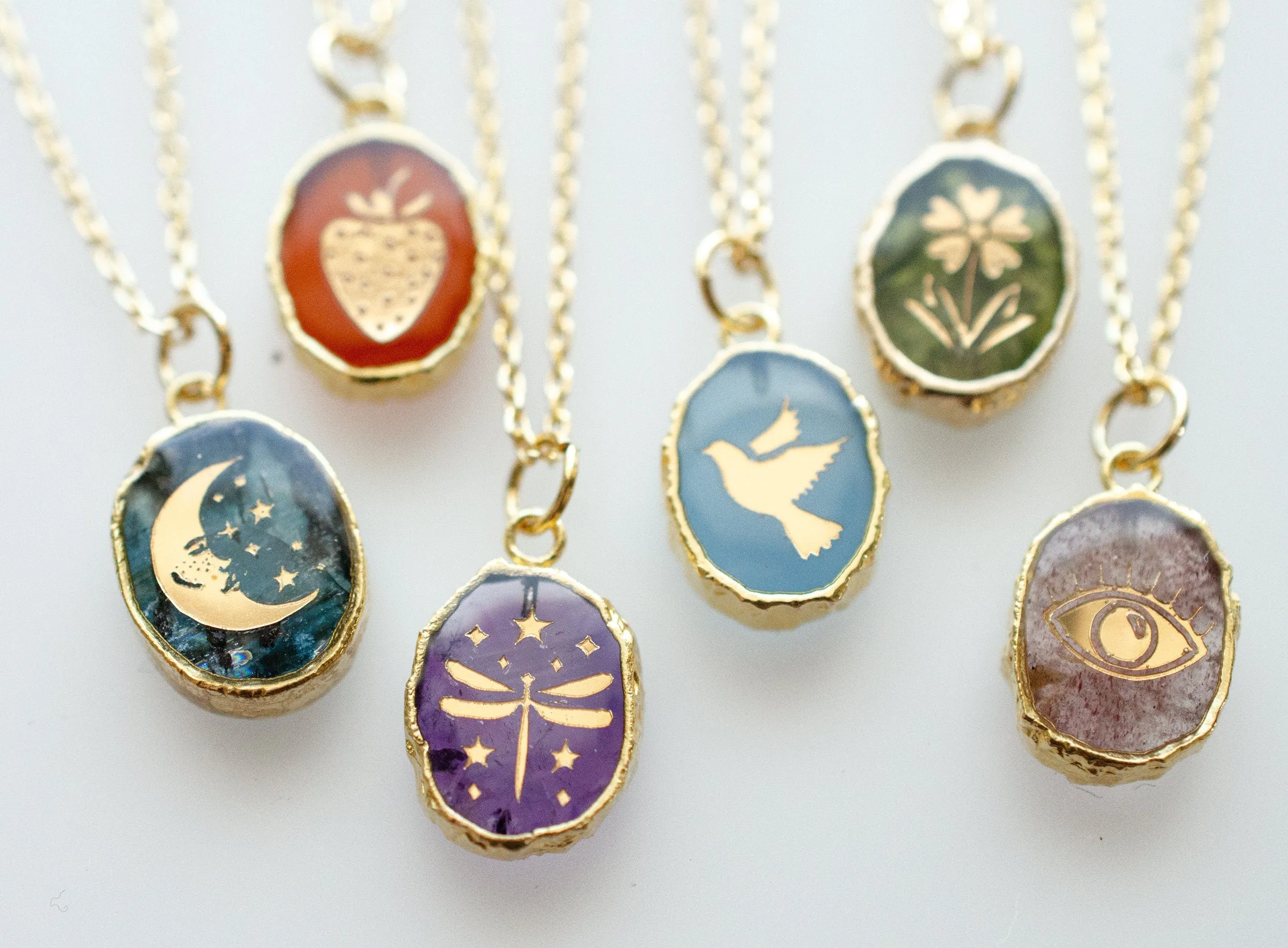 Gemstone Birthstone Necklace, dove necklace, strawberry necklace, celestial necklace, flower necklace, dragonfly necklace, evil eye necklace