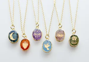 Gemstone Birthstone Necklace, dove necklace, strawberry necklace, celestial necklace, flower necklace, dragonfly necklace, evil eye necklace