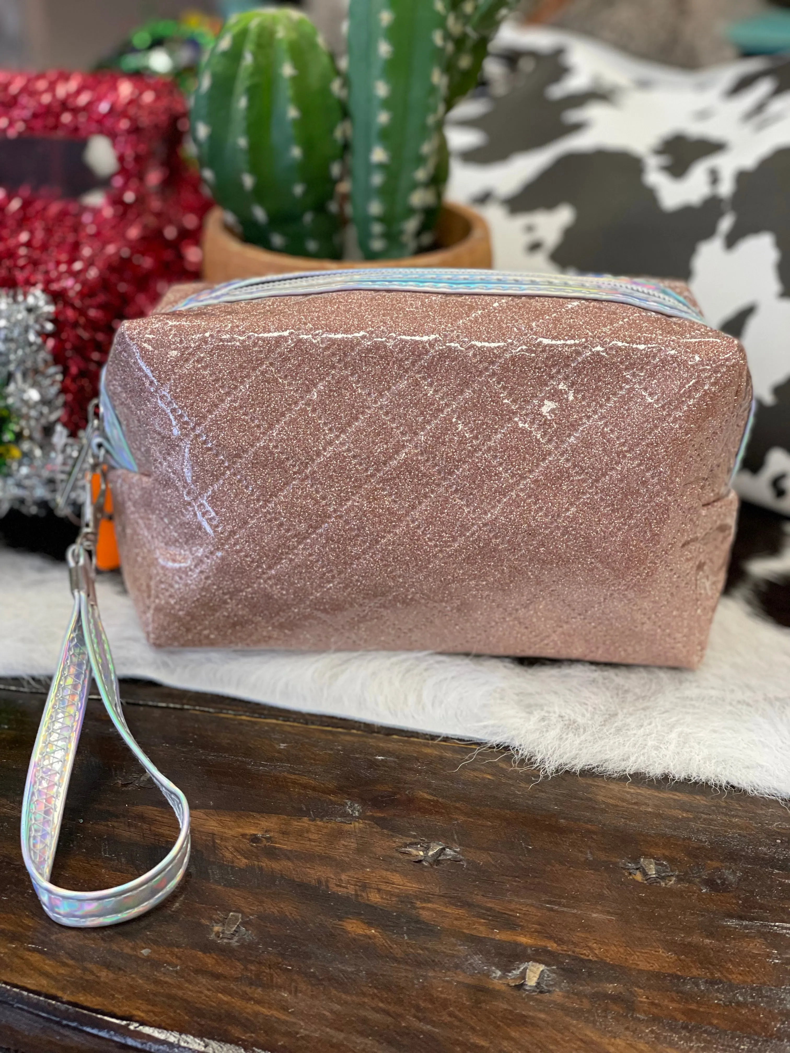 Glitter Quilted Print Cosmetic Wristlet Case