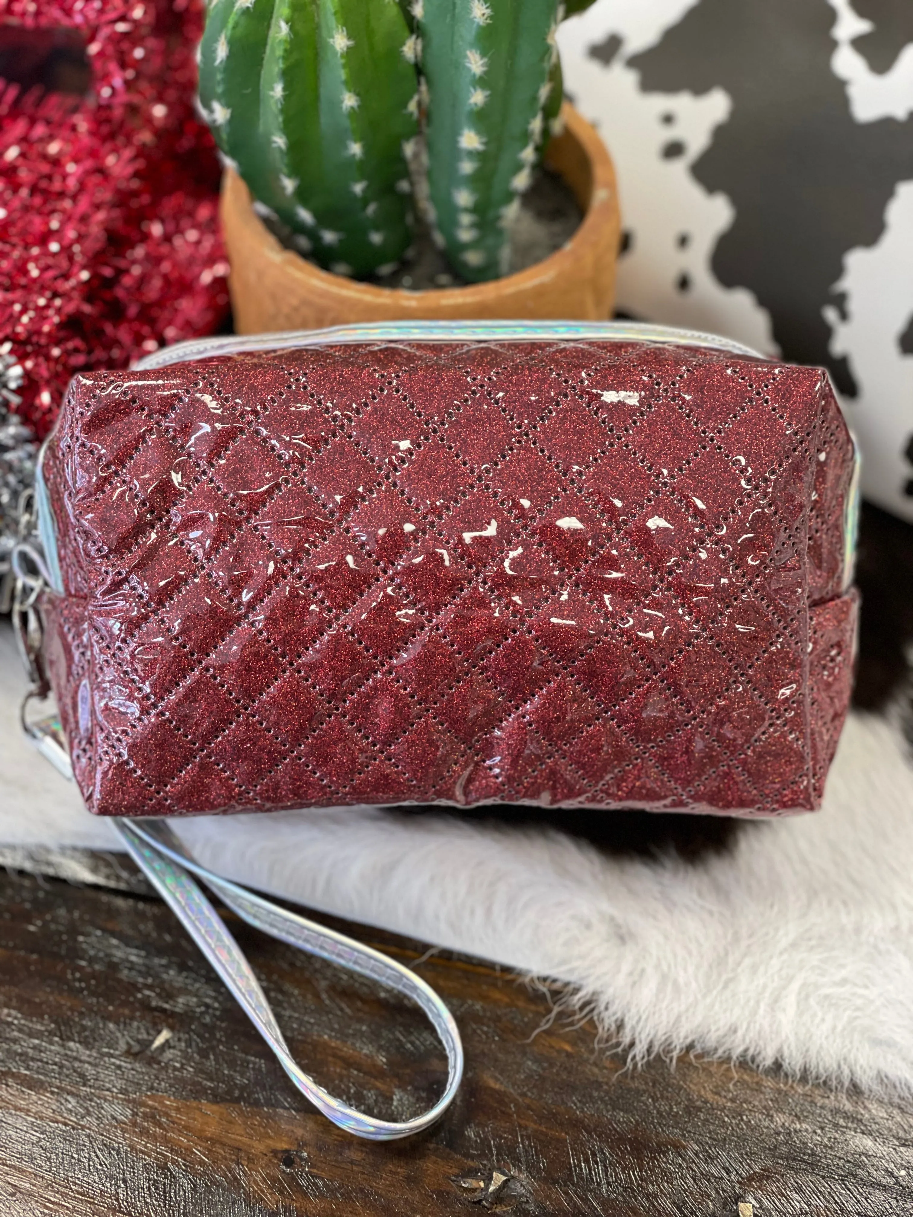 Glitter Quilted Print Cosmetic Wristlet Case