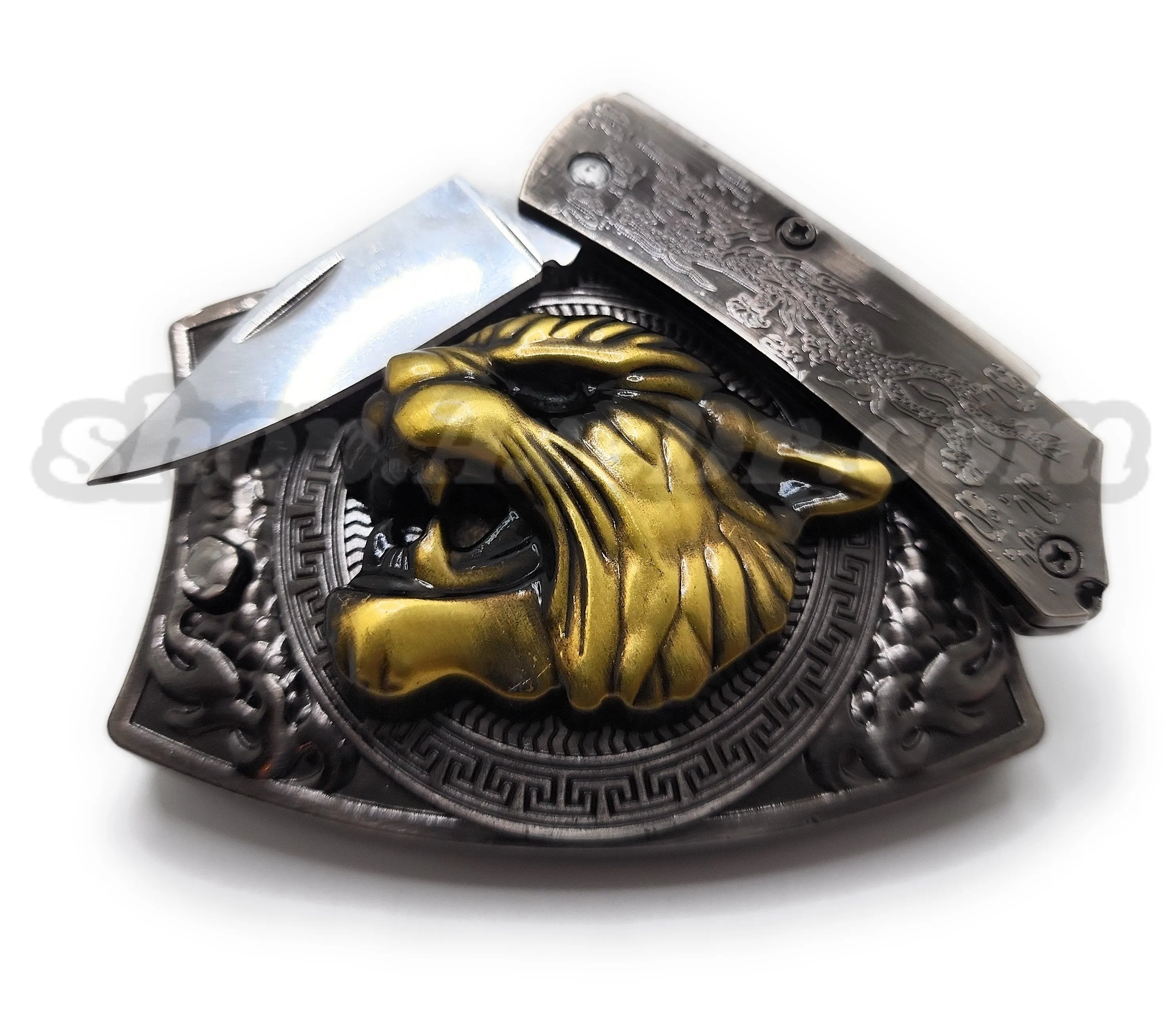 Gold Big Cat Head Folding Knife Belt Buckle Push-Button-Release
