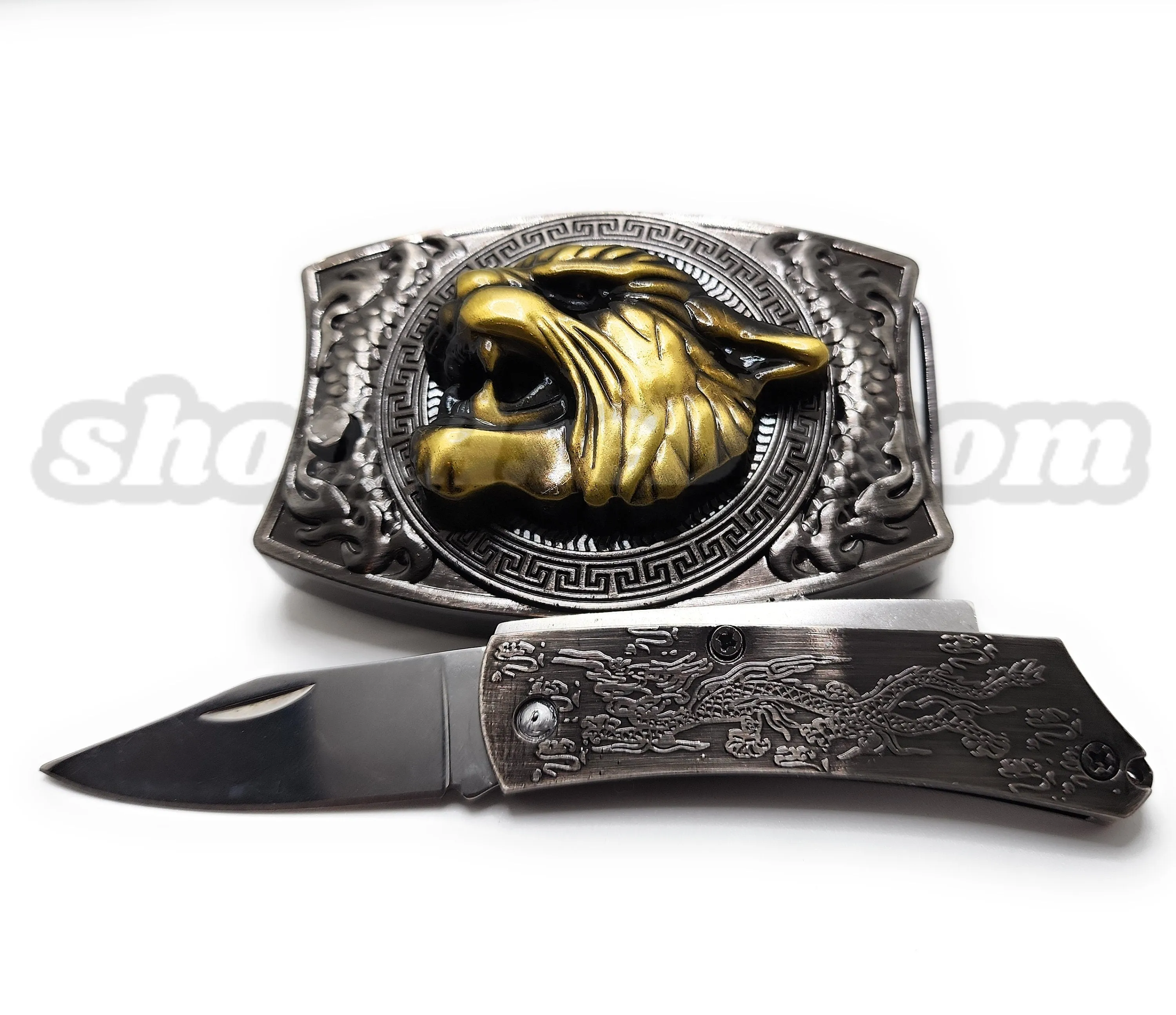 Gold Big Cat Head Folding Knife Belt Buckle Push-Button-Release