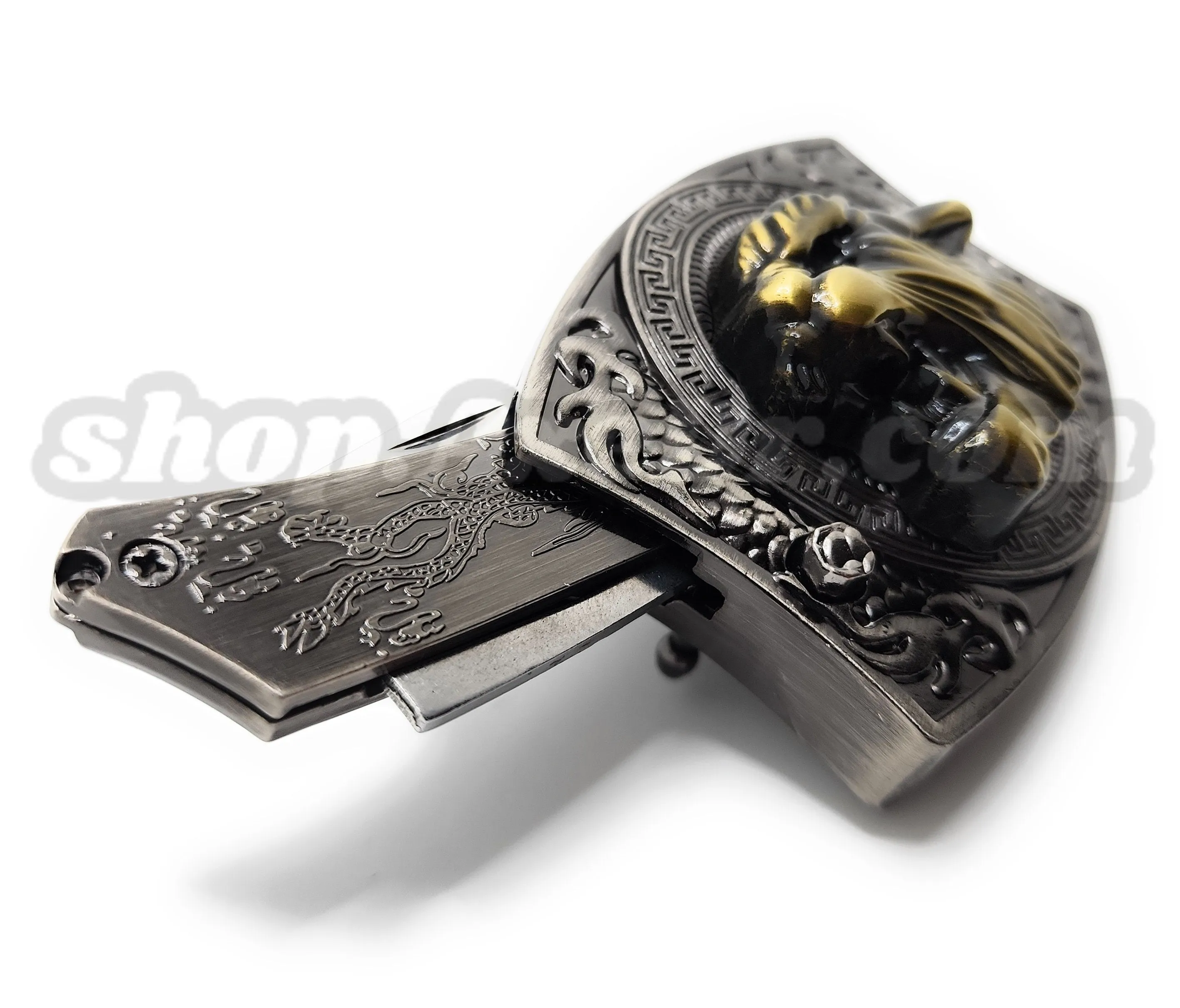 Gold Big Cat Head Folding Knife Belt Buckle Push-Button-Release