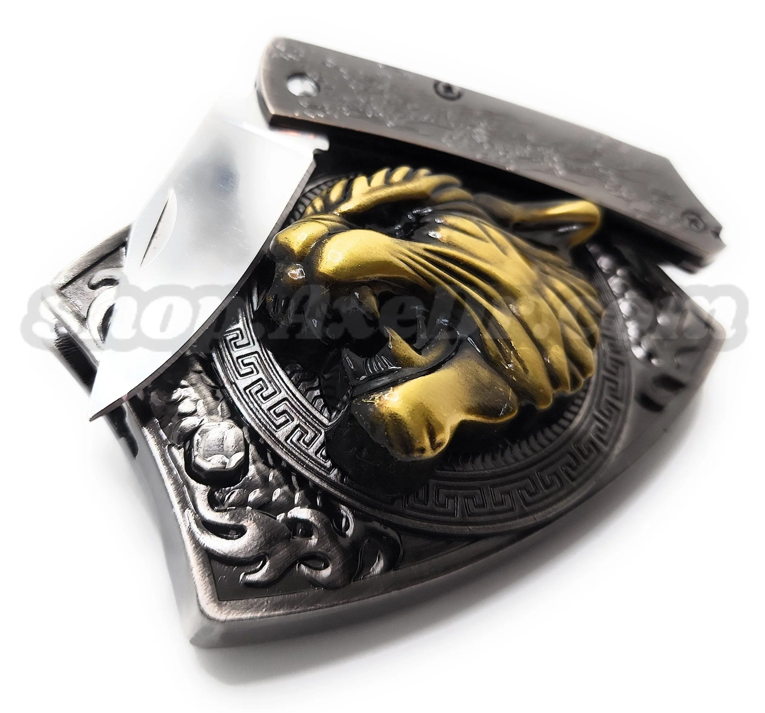 Gold Big Cat Head Folding Knife Belt Buckle Push-Button-Release