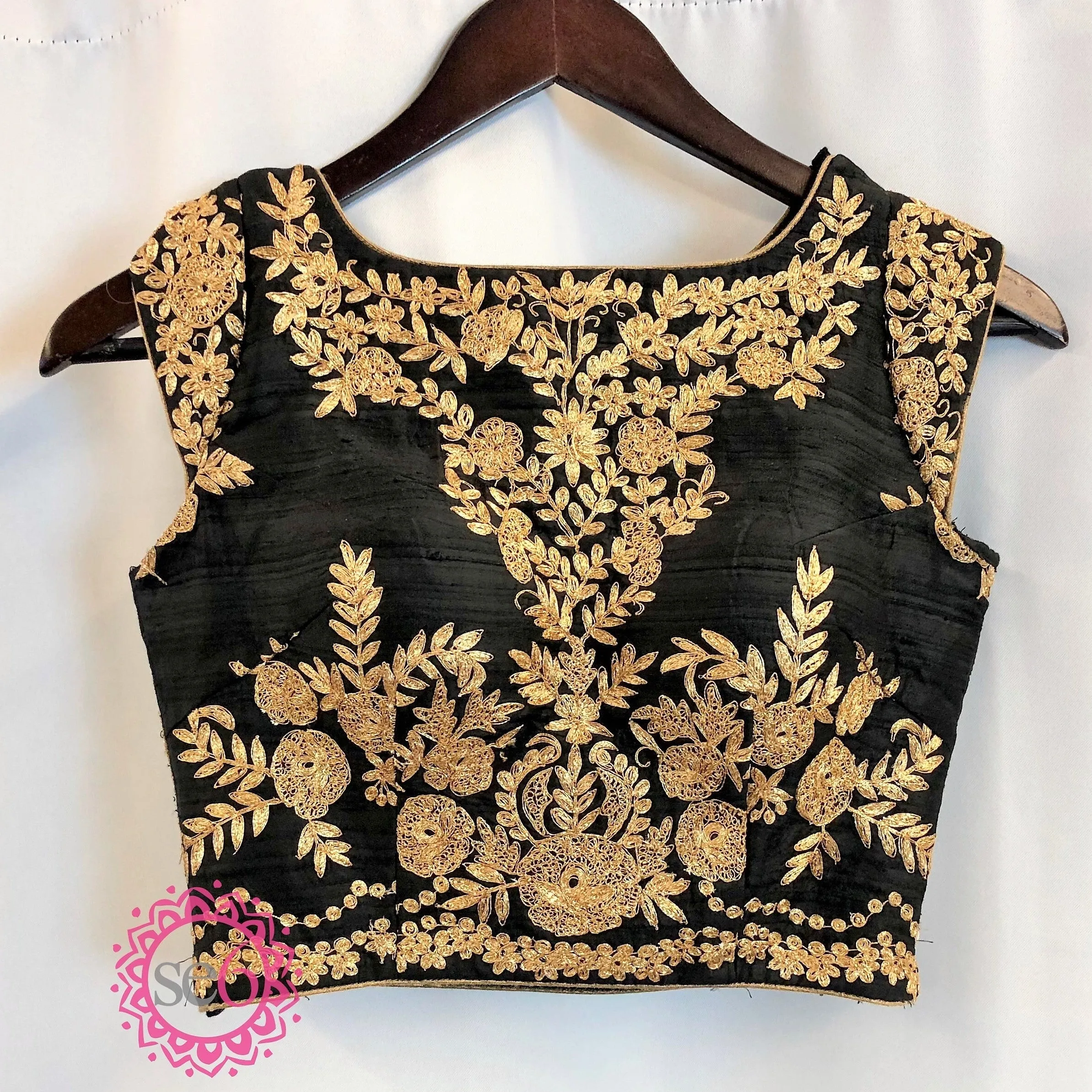 Gold Floral Embroidered Black Blouse- Ready to Ship