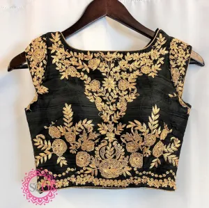 Gold Floral Embroidered Black Blouse- Ready to Ship