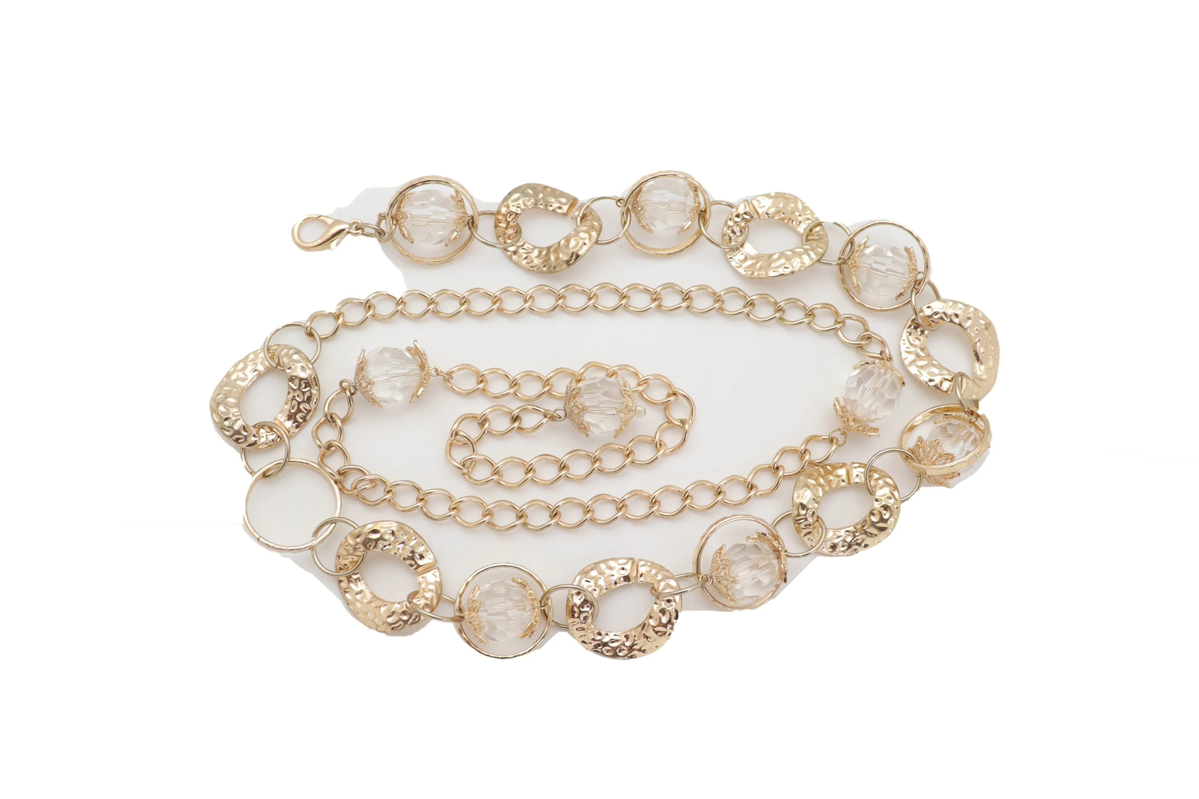 Gold Metal Chain Chunky Links Waistband Fashion Belt Clear Beads Size S M
