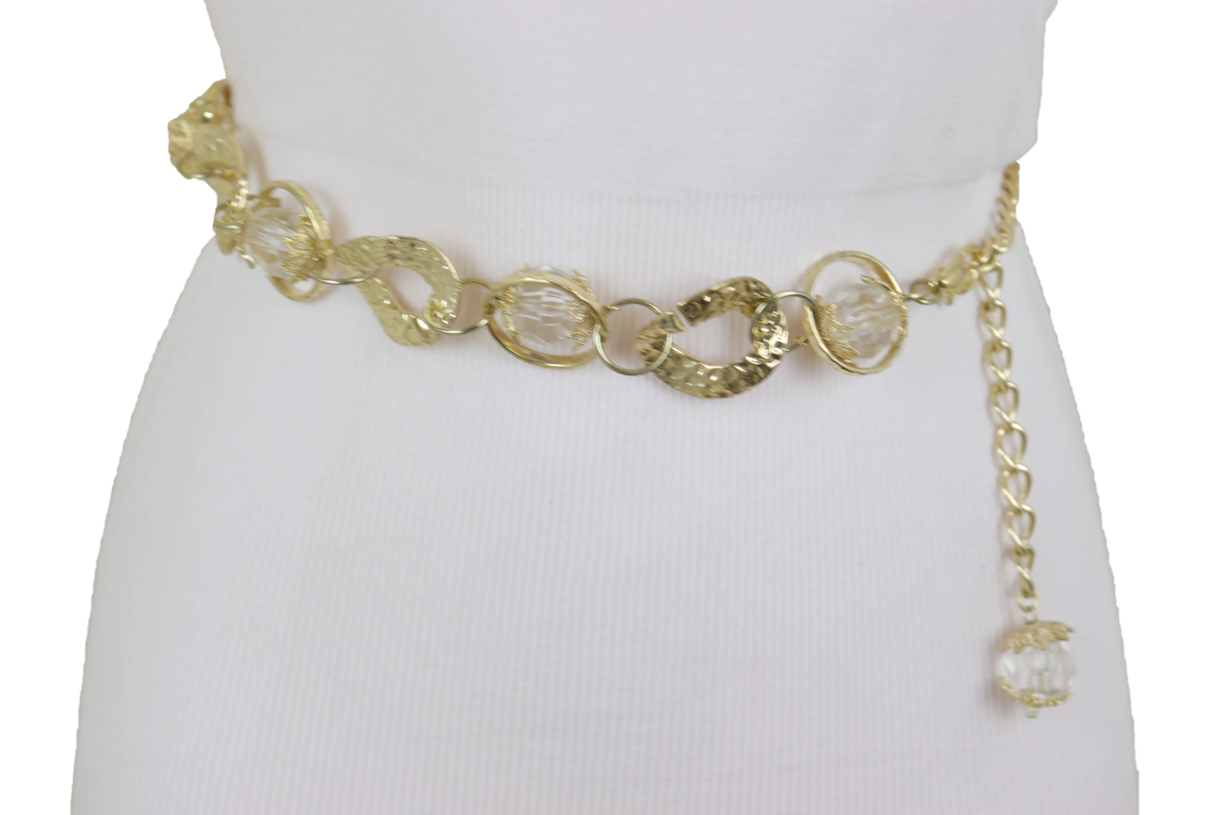 Gold Metal Chain Chunky Links Waistband Fashion Belt Clear Beads Size S M