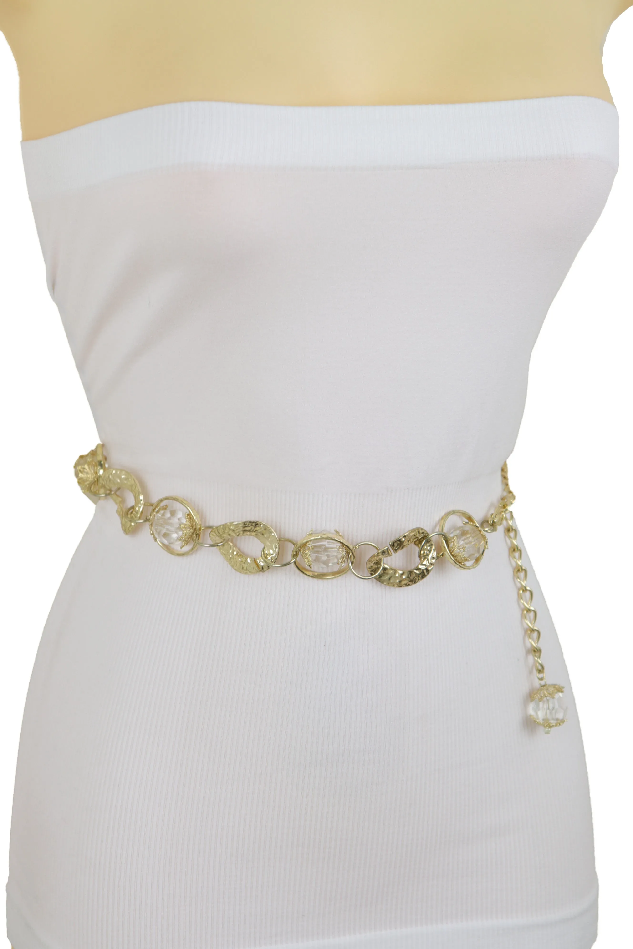 Gold Metal Chain Chunky Links Waistband Fashion Belt Clear Beads Size S M