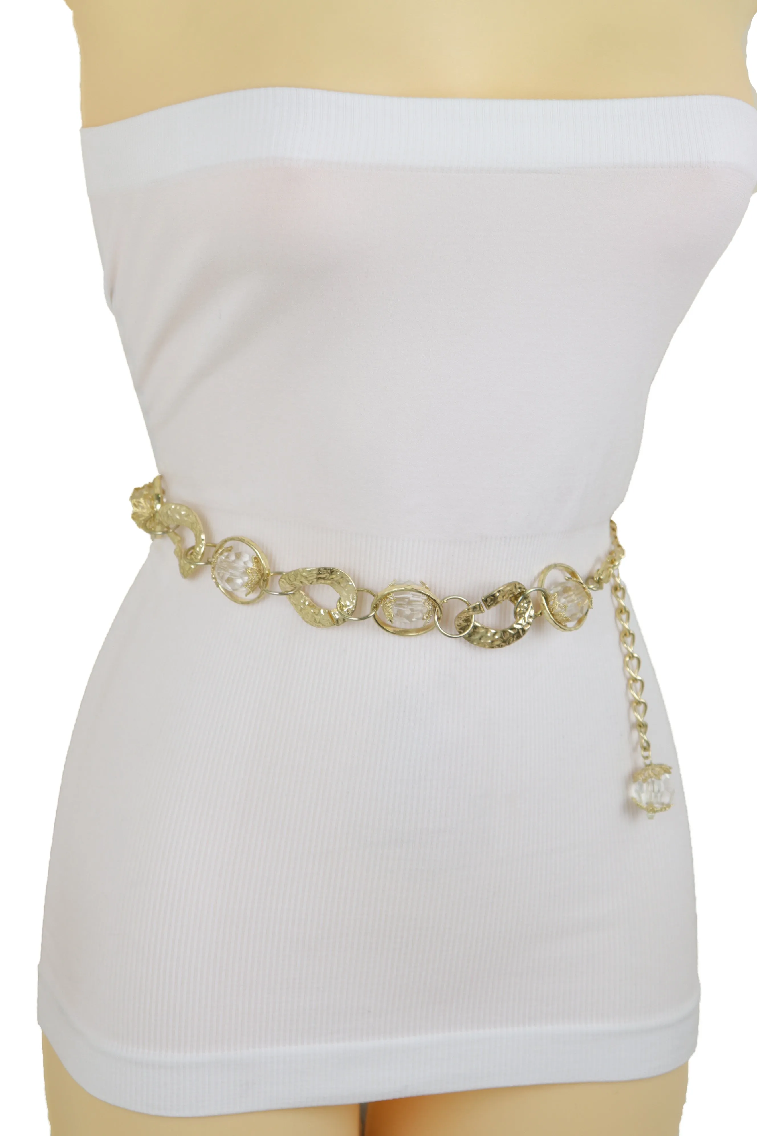 Gold Metal Chain Chunky Links Waistband Fashion Belt Clear Beads Size S M