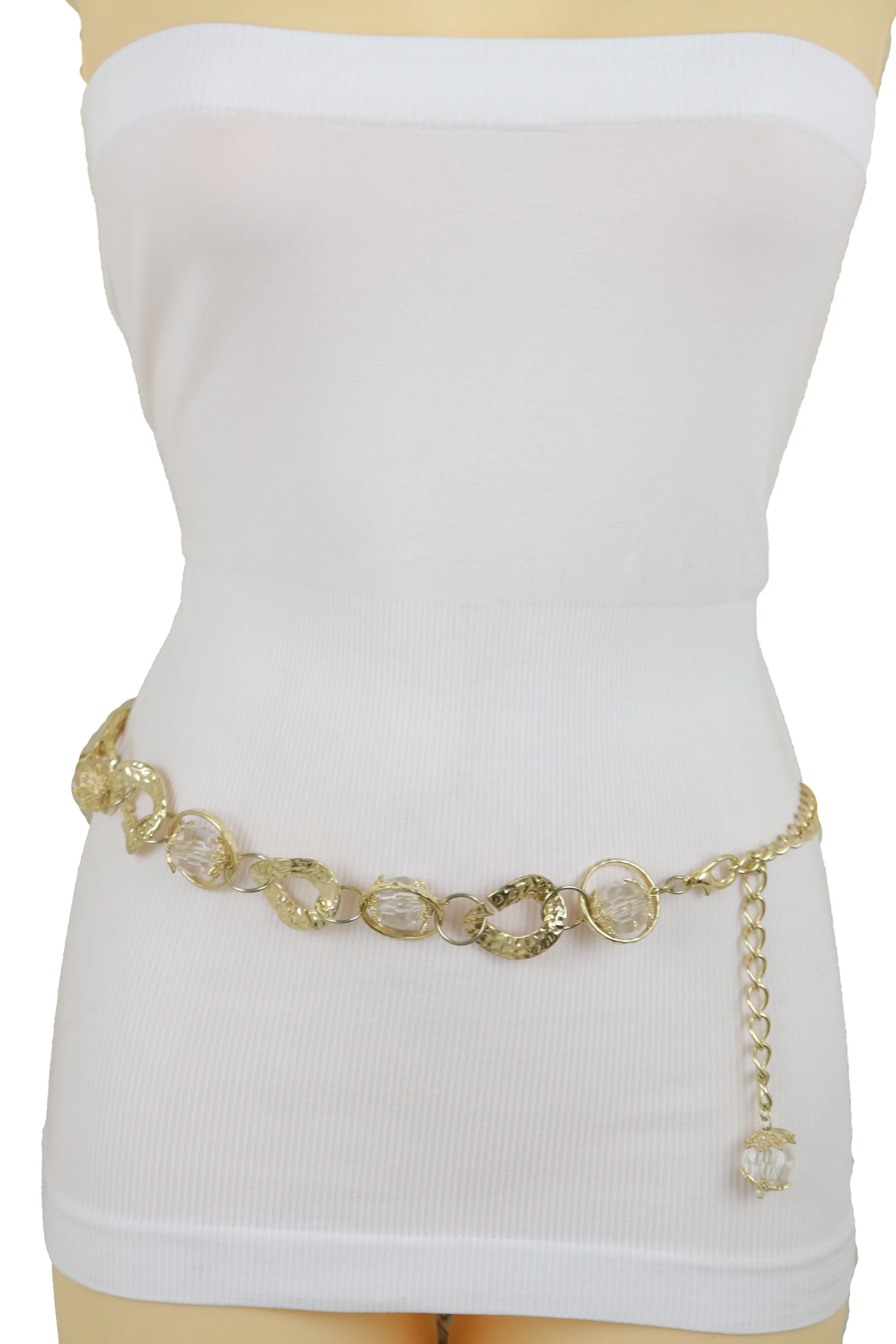 Gold Metal Chain Chunky Links Waistband Fashion Belt Clear Beads Size S M