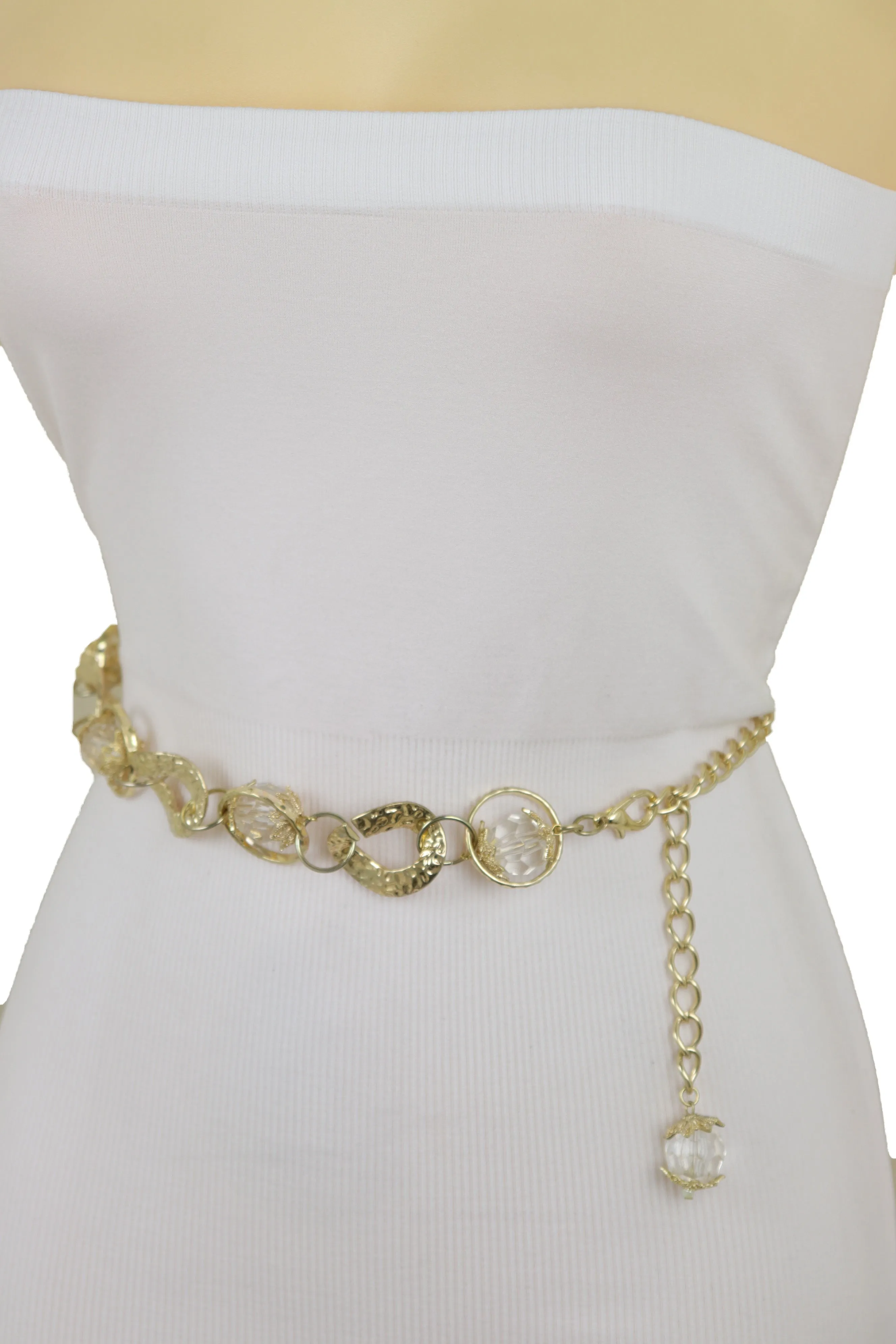 Gold Metal Chain Chunky Links Waistband Fashion Belt Clear Beads Size S M