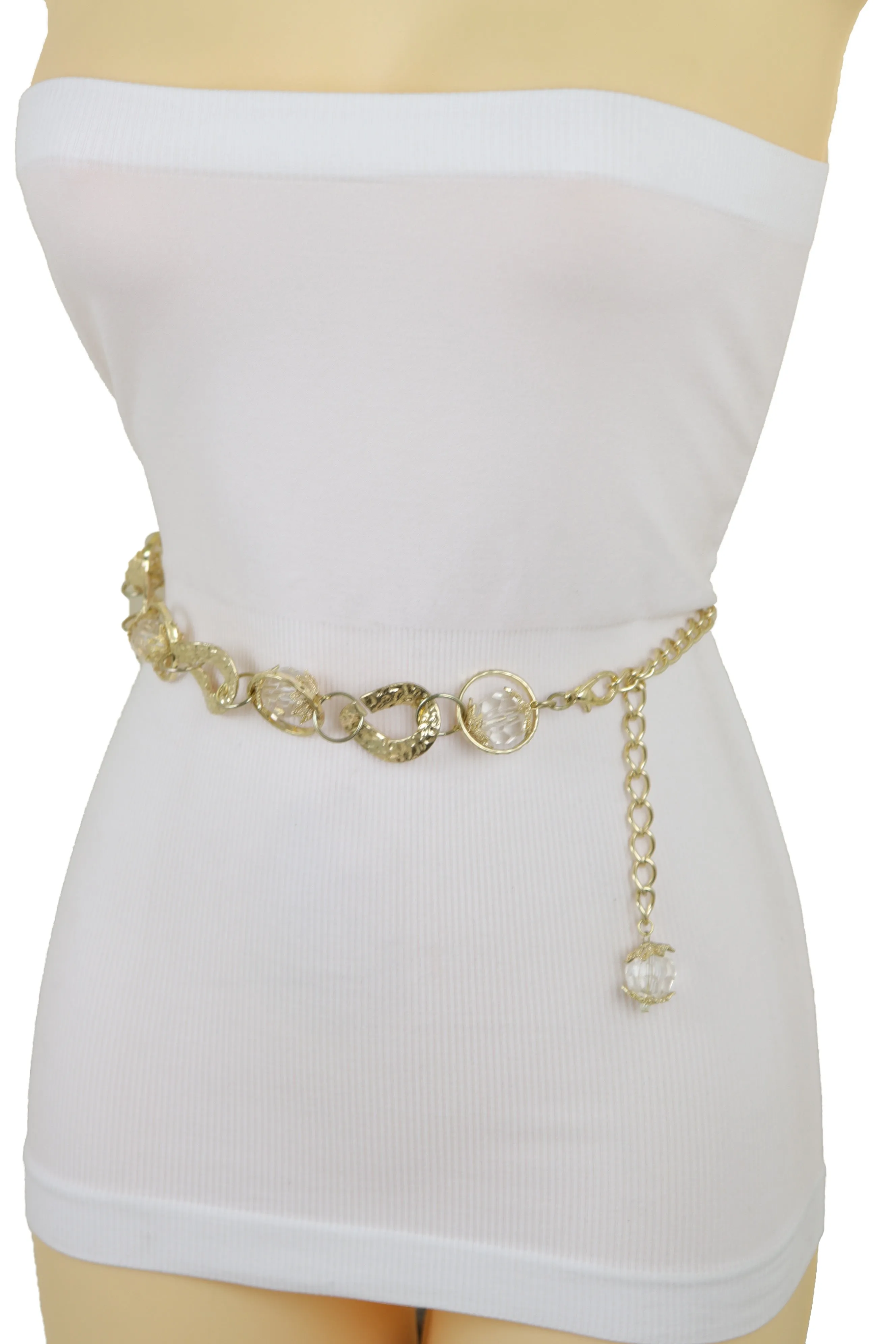 Gold Metal Chain Chunky Links Waistband Fashion Belt Clear Beads Size S M
