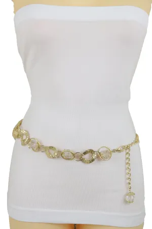 Gold Metal Chain Chunky Links Waistband Fashion Belt Clear Beads Size S M