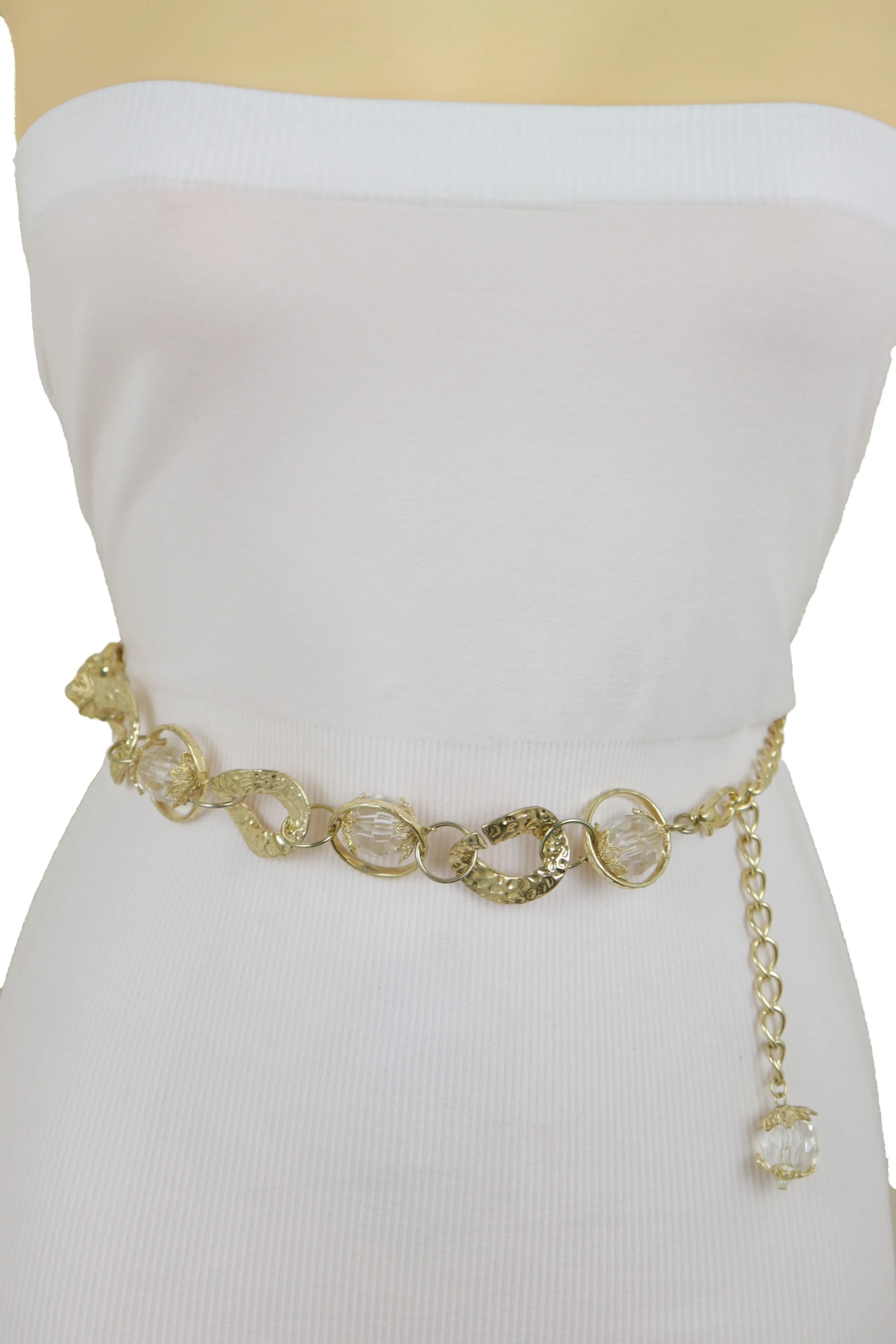 Gold Metal Chain Chunky Links Waistband Fashion Belt Clear Beads Size S M