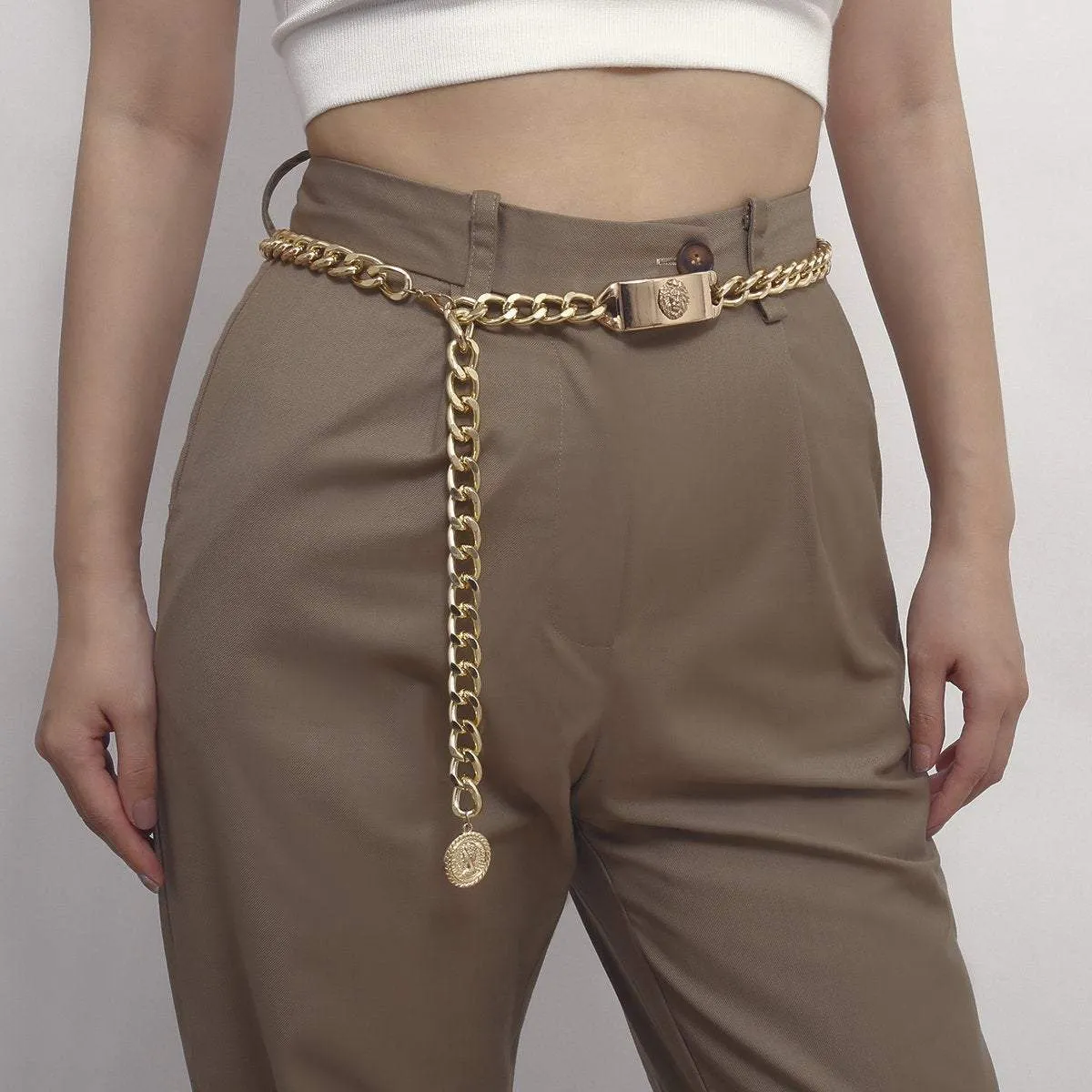 Gold Tone Curb Link Waist Chain - Fashion Relief Round Disk Pendant Belly Chain