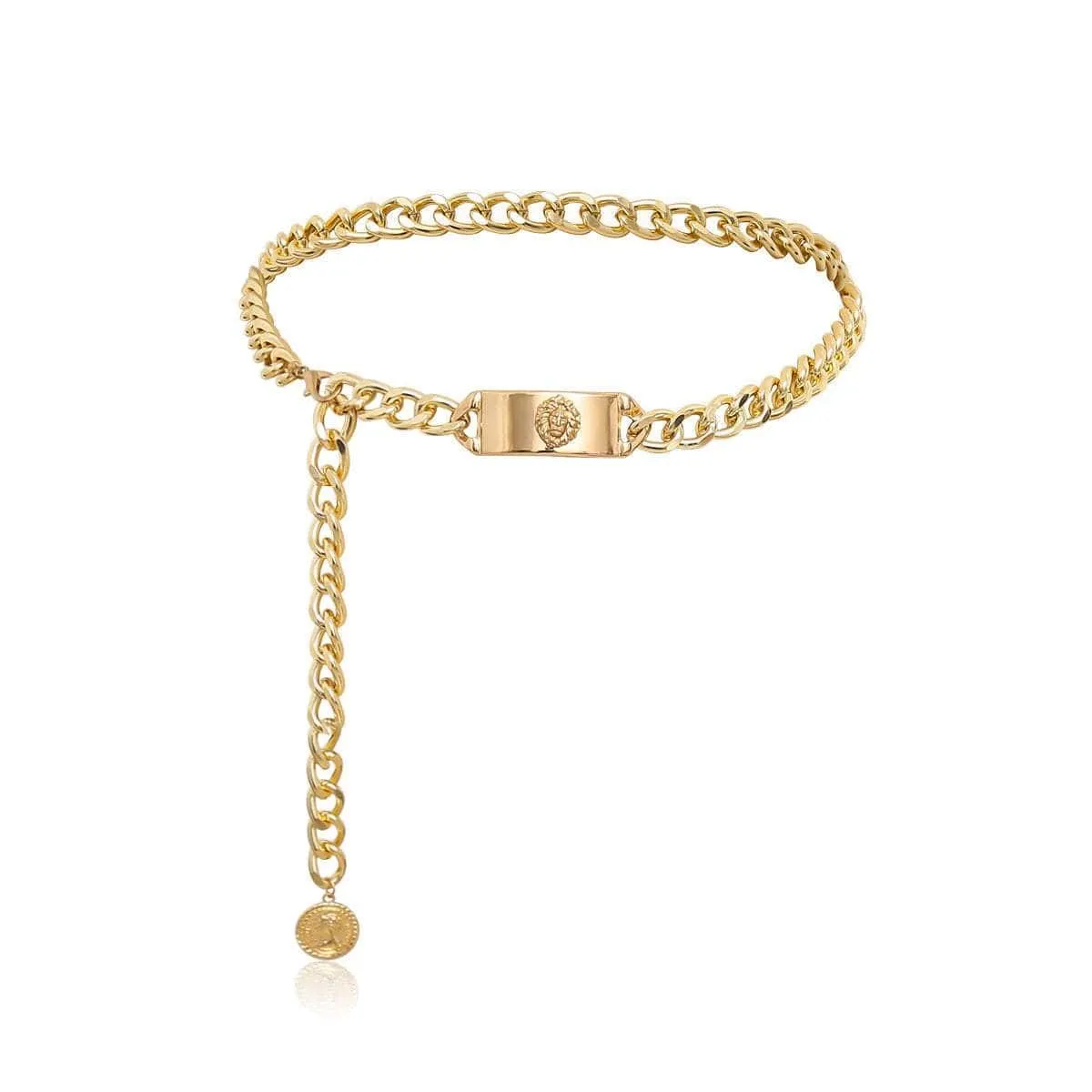 Gold Tone Curb Link Waist Chain - Fashion Relief Round Disk Pendant Belly Chain