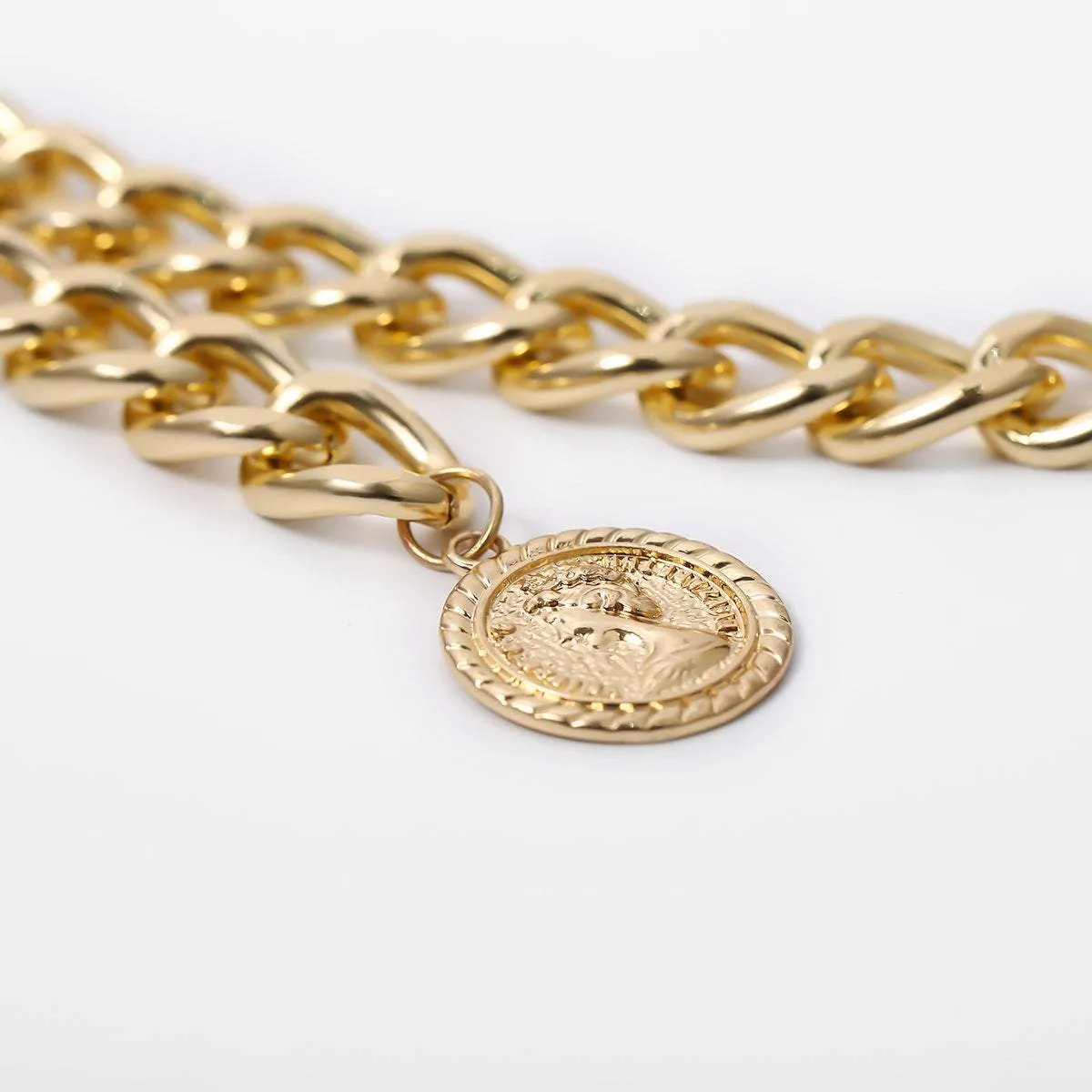 Gold Tone Curb Link Waist Chain - Fashion Relief Round Disk Pendant Belly Chain