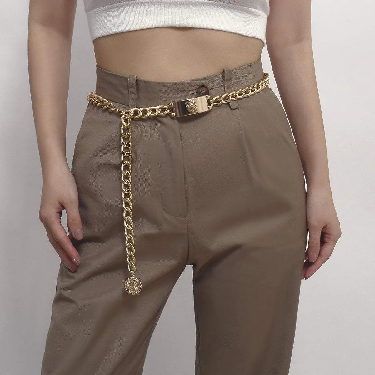 Gold Tone Curb Link Waist Chain - Fashion Relief Round Disk Pendant Belly Chain
