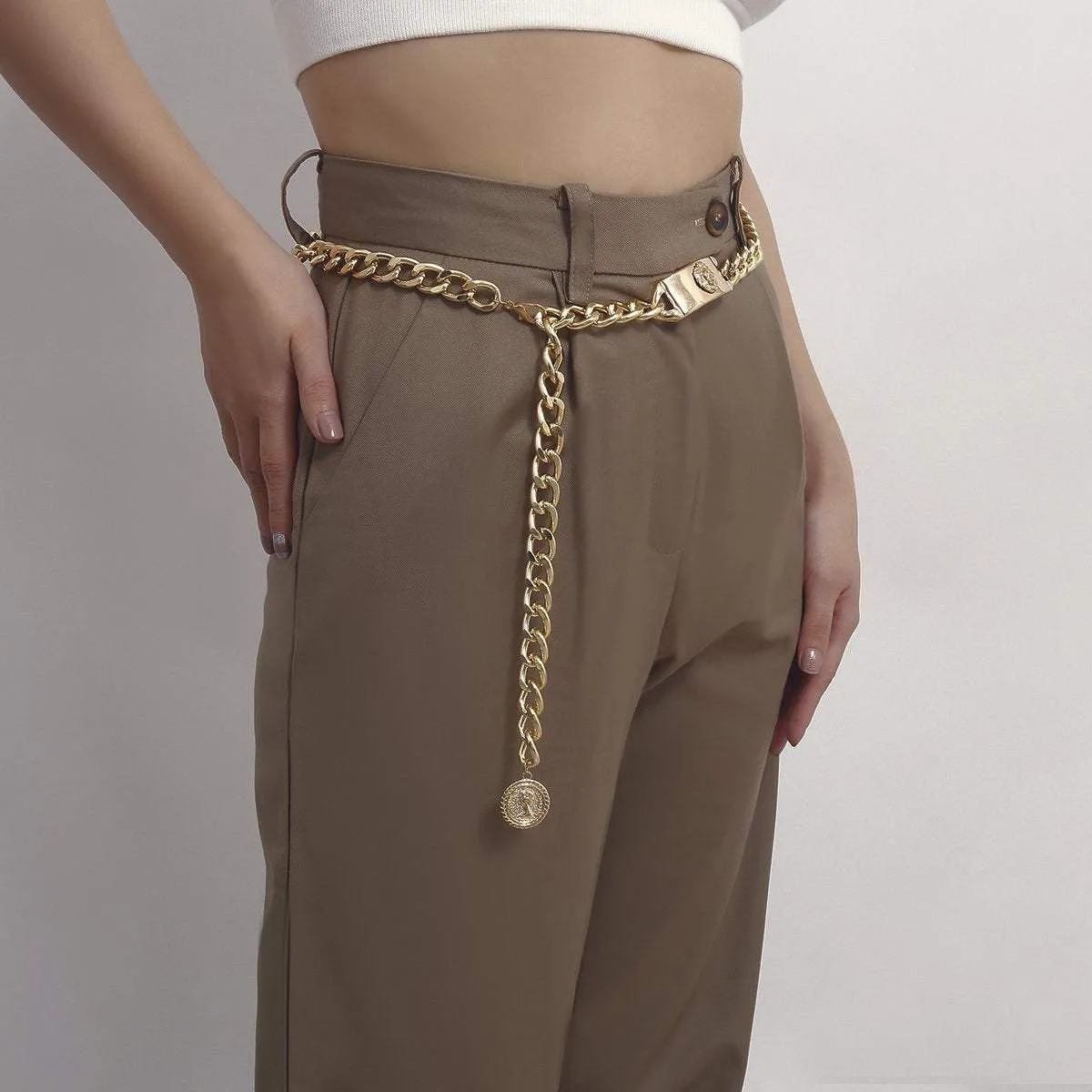 Gold Tone Curb Link Waist Chain - Fashion Relief Round Disk Pendant Belly Chain