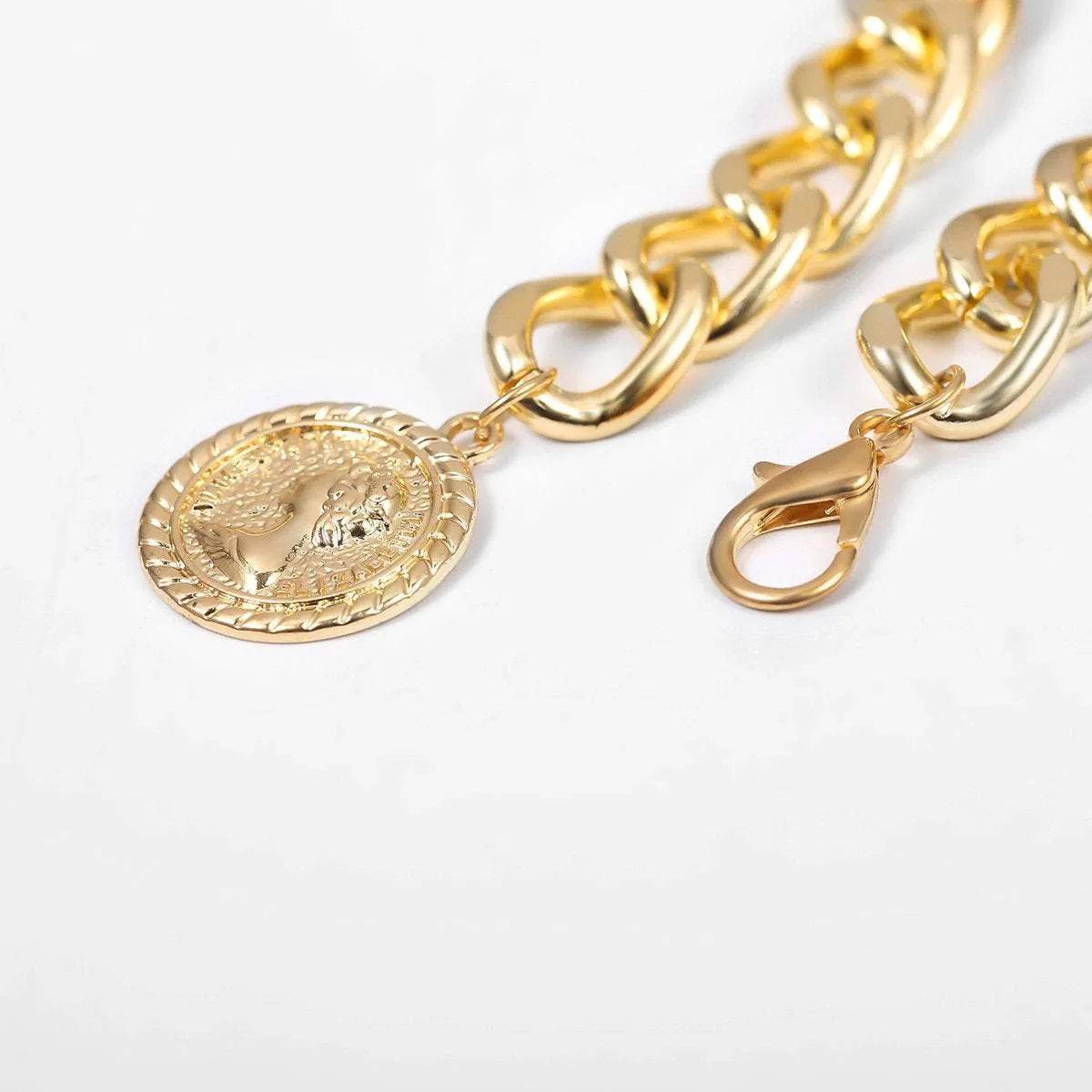 Gold Tone Curb Link Waist Chain - Fashion Relief Round Disk Pendant Belly Chain