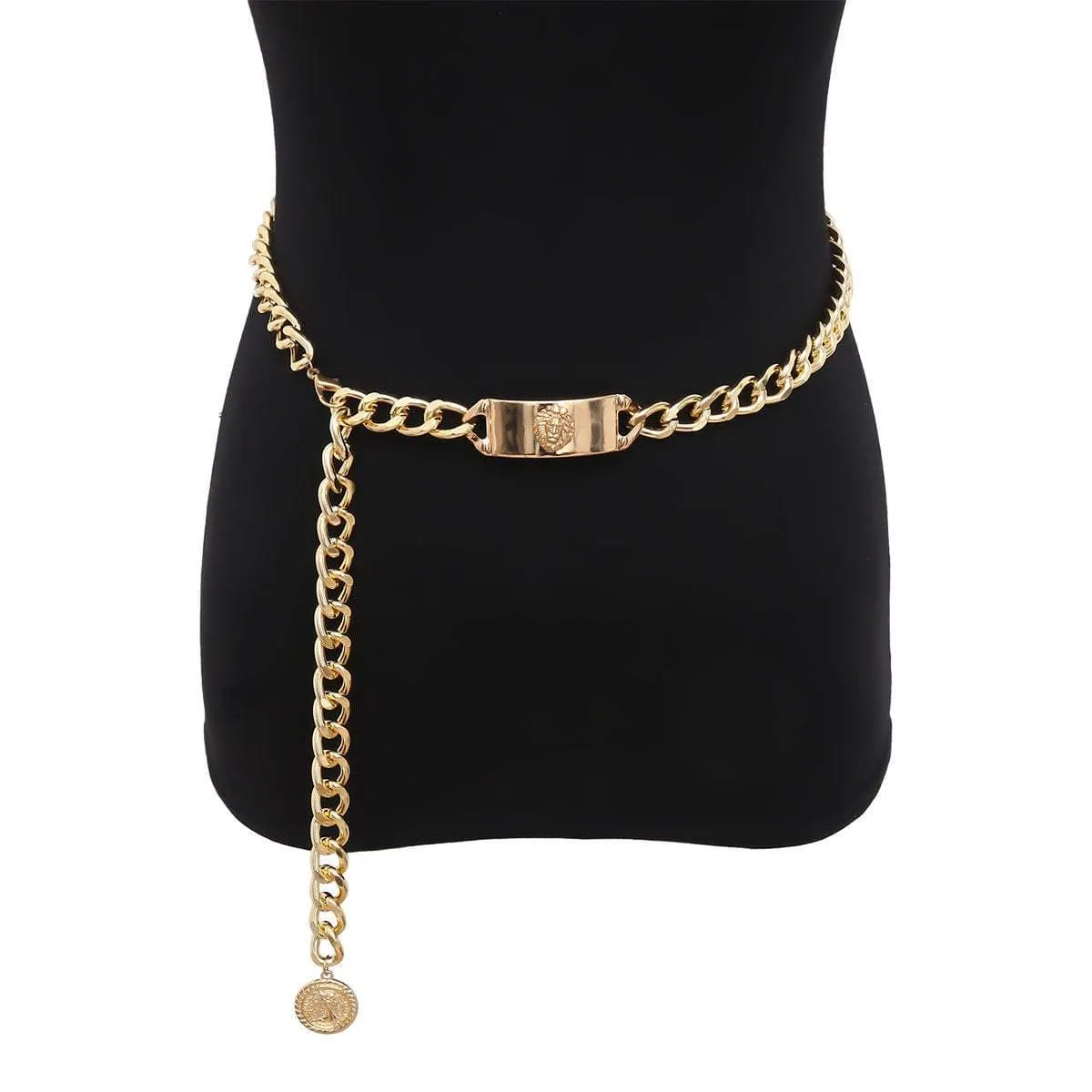 Gold Tone Curb Link Waist Chain - Fashion Relief Round Disk Pendant Belly Chain