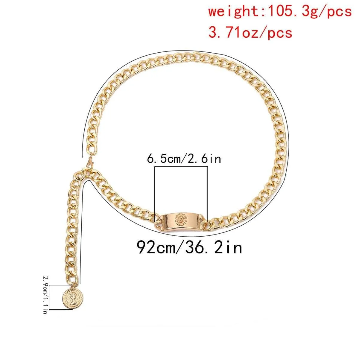 Gold Tone Curb Link Waist Chain - Fashion Relief Round Disk Pendant Belly Chain