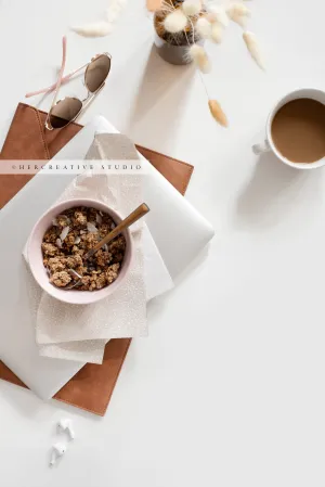 Granola, Laptop & Bunny Tail Workspace. Digital Image.