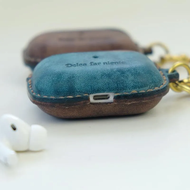 Green Leather AirPods Pro Case with Wristlet Strap Contrast Color Leather AirPods Case Airpod Case Cover