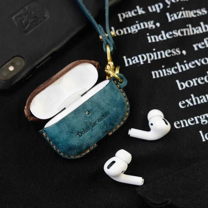 Green Leather AirPods Pro Case with Wristlet Strap Contrast Color Leather AirPods Case Airpod Case Cover