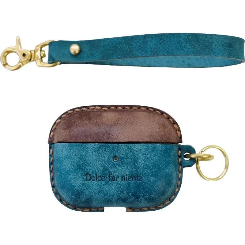 Green Leather AirPods Pro Case with Wristlet Strap Contrast Color Leather AirPods Case Airpod Case Cover