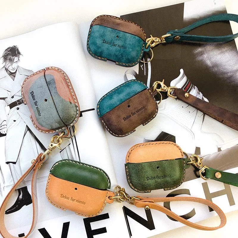 Green Leather AirPods Pro Case with Wristlet Strap Contrast Color Leather AirPods Case Airpod Case Cover