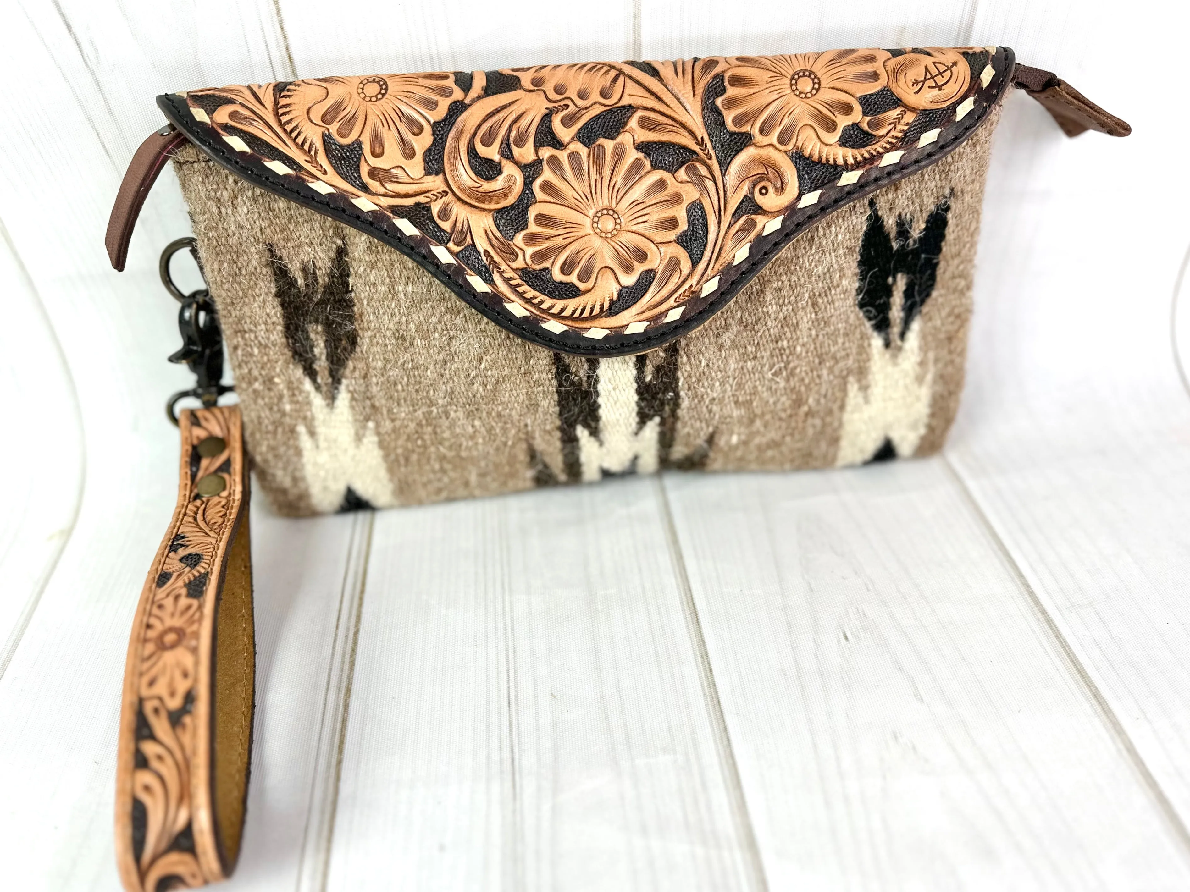 Greige Wool Patterned Leather Tooled Clutch Wristlet