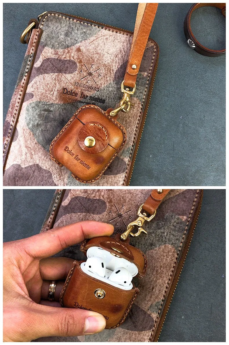 Handmade Black Leather AirPods 1,2 Cases with Wristlet Strap Leather AirPods Cases Airpod Case Cover