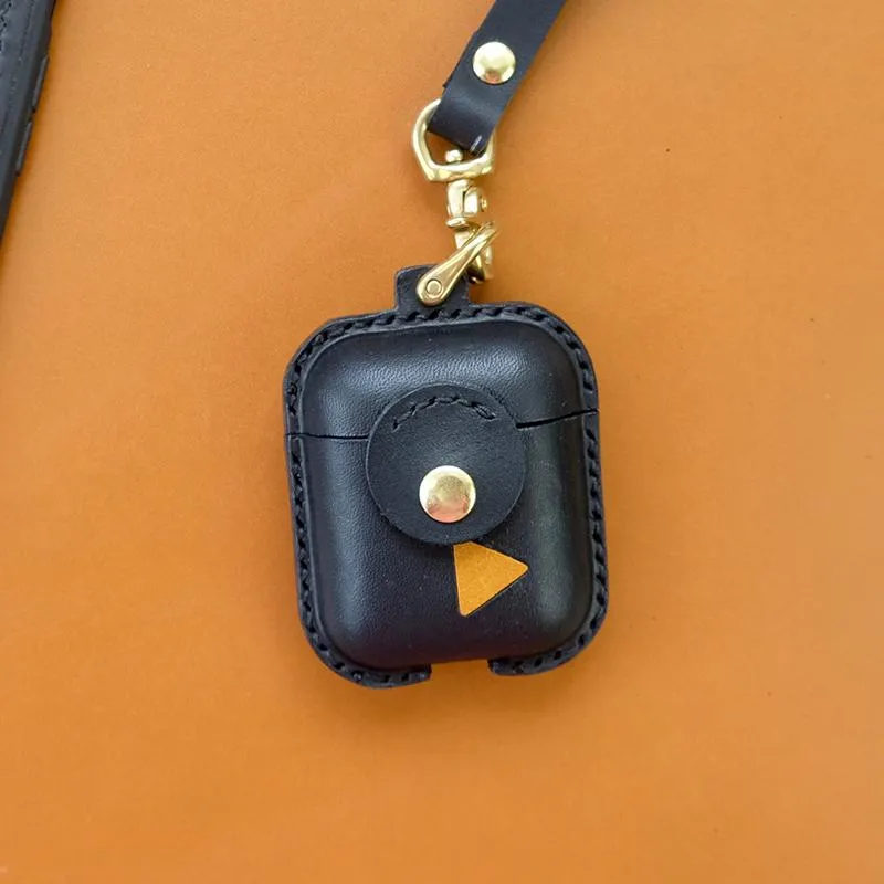 Handmade Black Leather AirPods 1,2 Cases with Wristlet Strap Leather AirPods Cases Airpod Case Cover