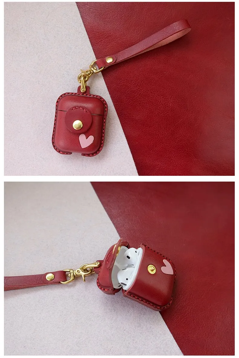 Handmade Black Leather AirPods 1,2 Cases with Wristlet Strap Leather AirPods Cases Airpod Case Cover