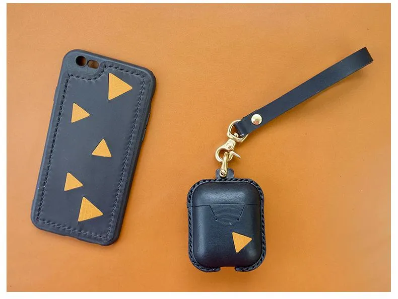 Handmade Black Leather AirPods 1,2 Cases with Wristlet Strap Leather AirPods Cases Airpod Case Cover