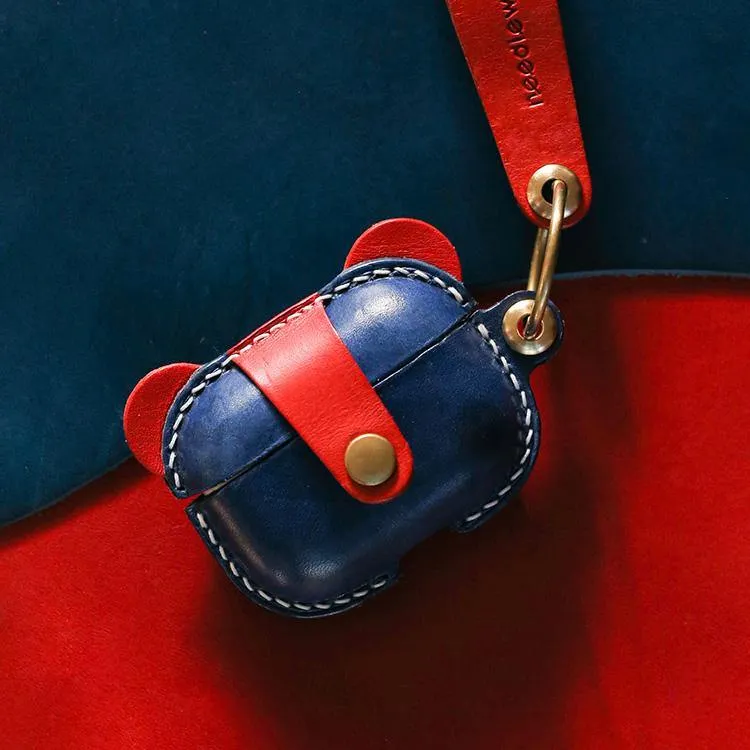 Handmade Blue Leather AirPods 1&2 Case with Wristlet Strap Custom Leather AirPods 1&2 Case Airpod Case Cover