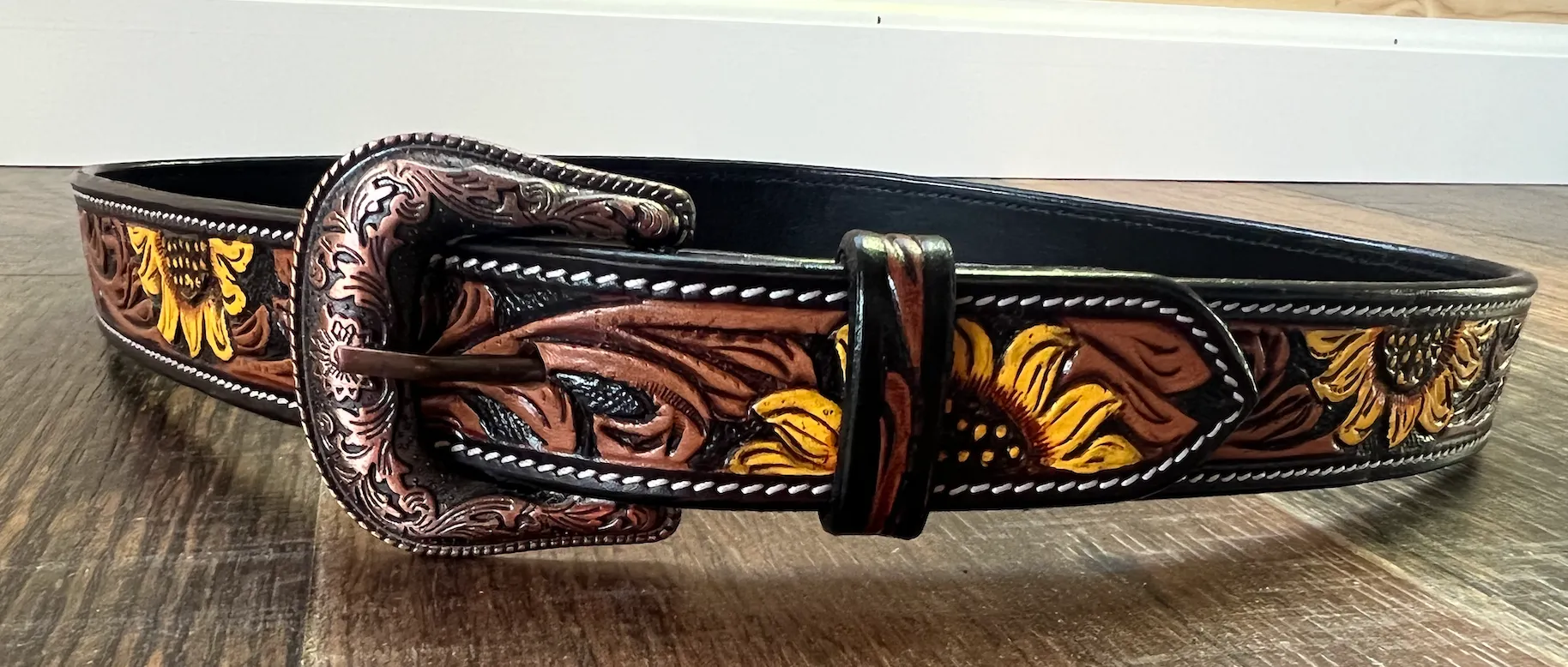 Handmade Leather Belt with Tooled & Handpainted Sunflowers