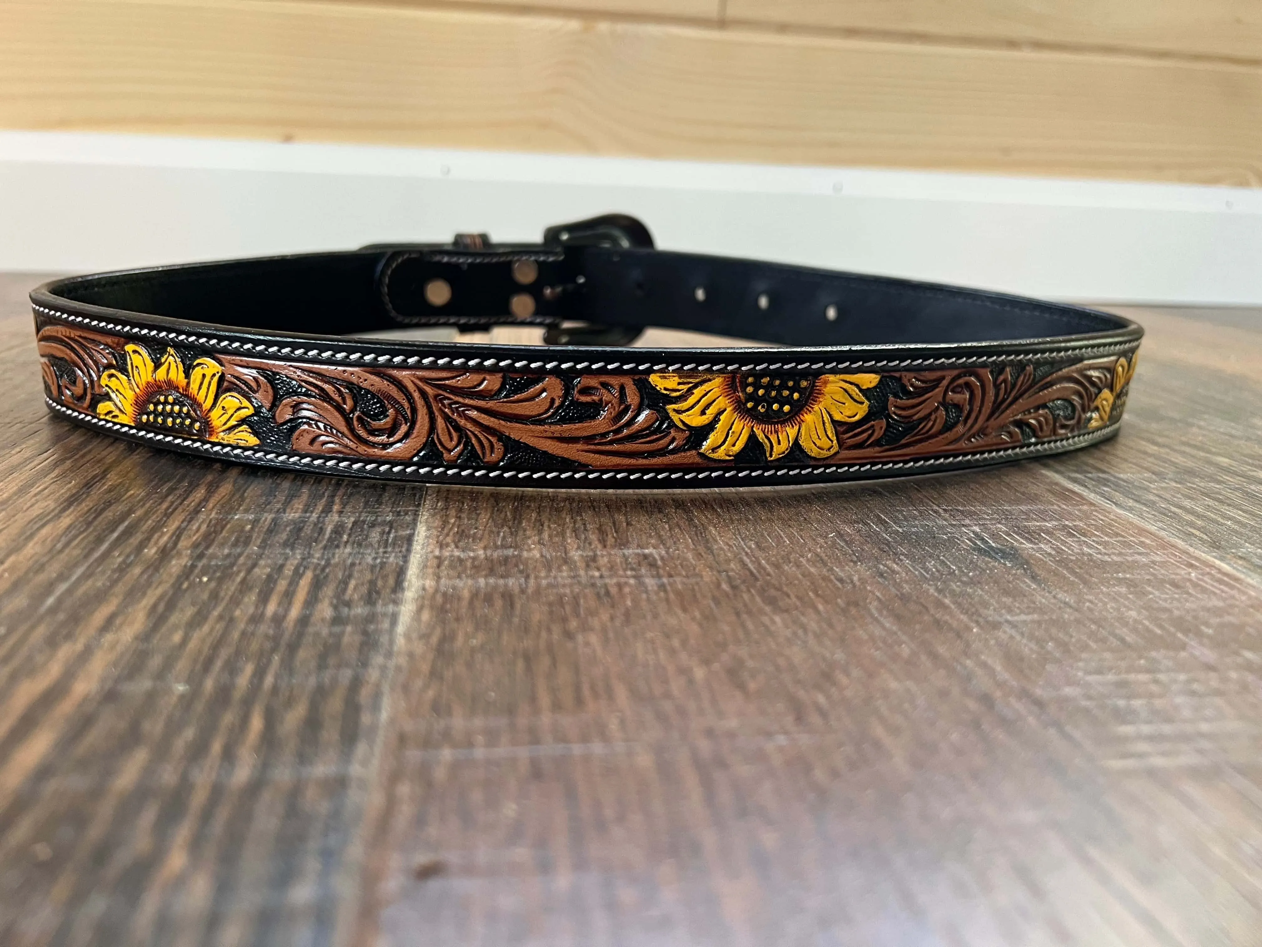 Handmade Leather Belt with Tooled & Handpainted Sunflowers